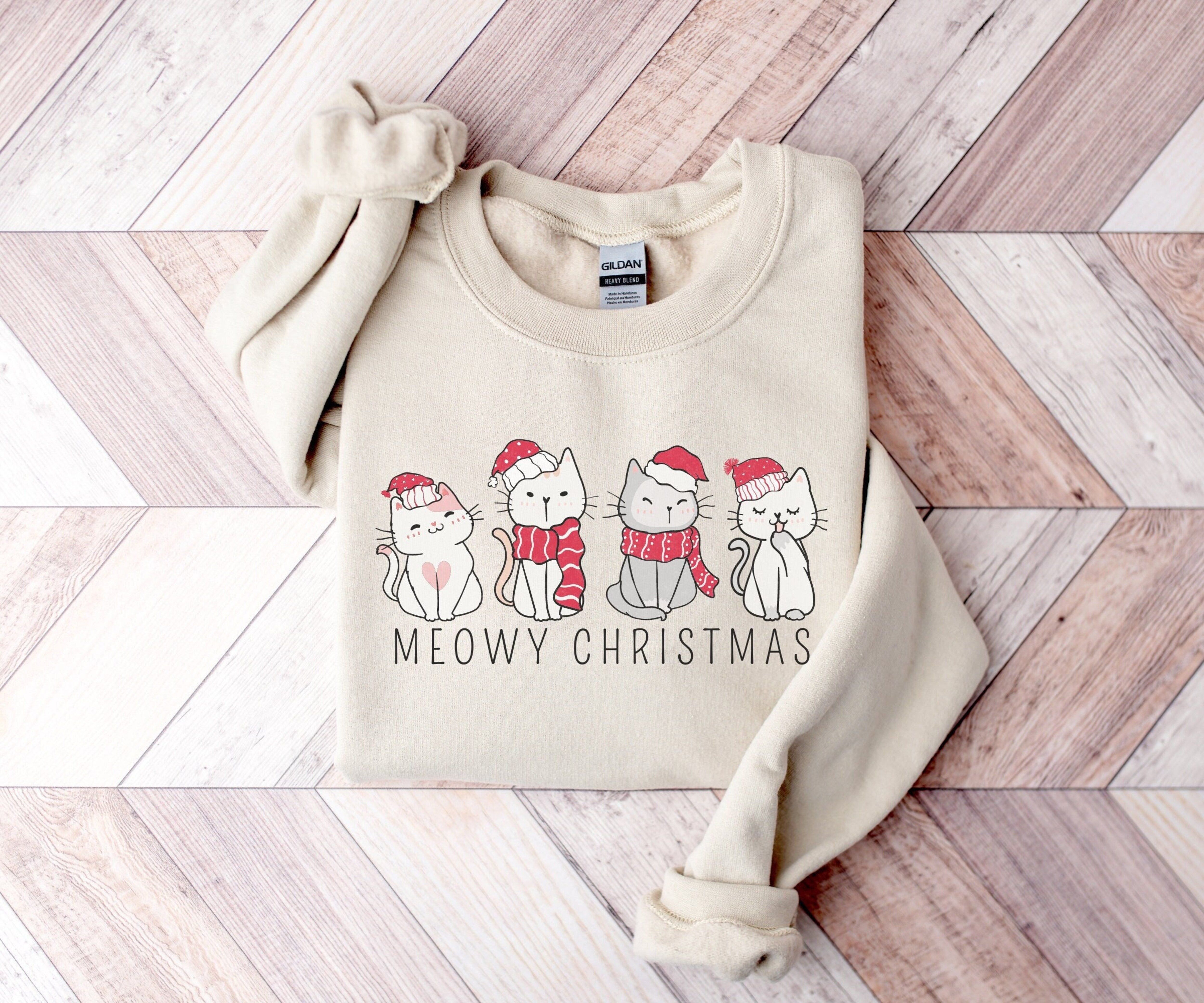 Meowy Christmas Sweatshirt, Cute Cat Sweatshirt, Funny Christmas Sweater, Christmas Gift for Cat Lover, Cat Mom Xmas Gift, Holiday Crewneck