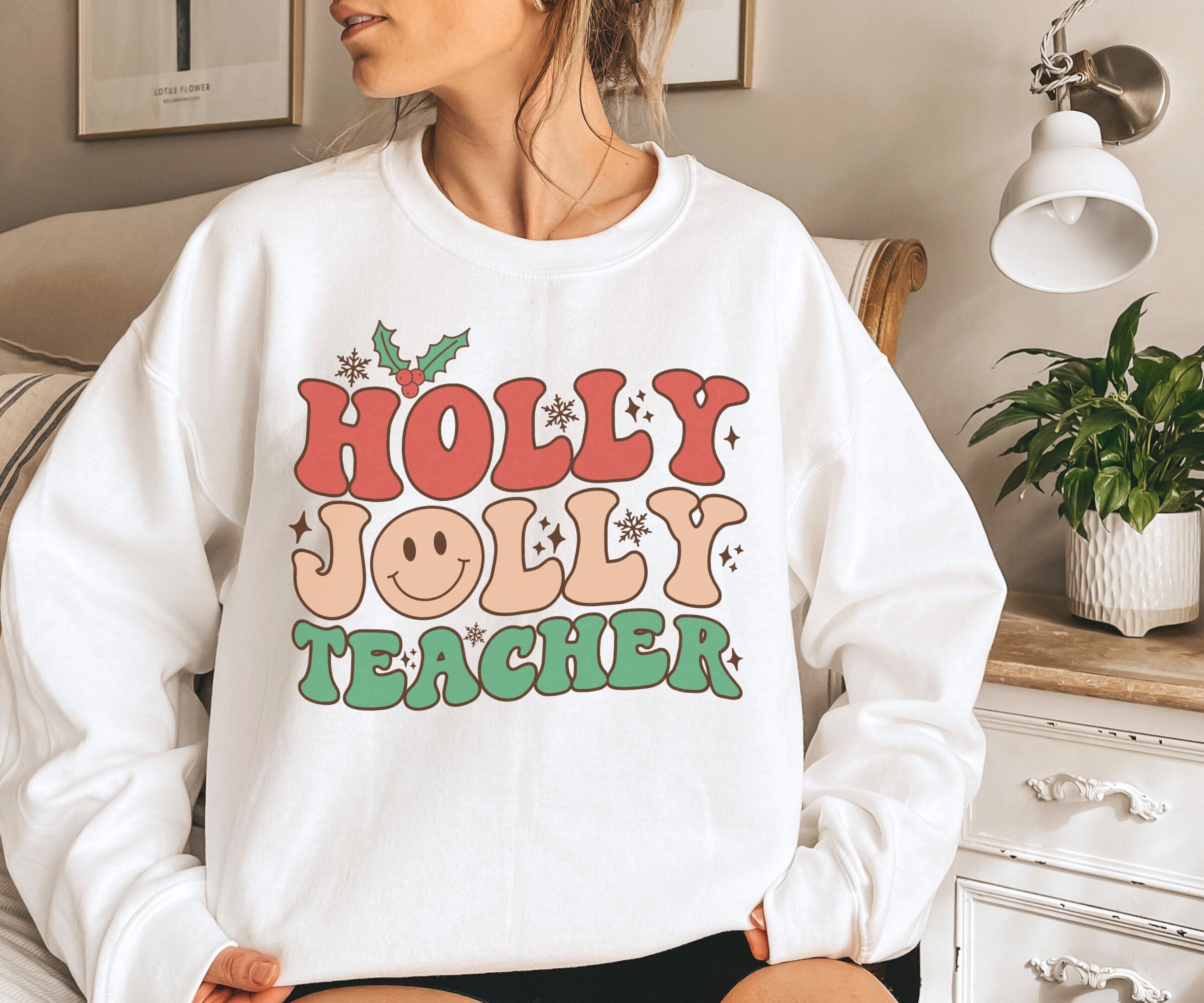 Holly Jolly Teacher Sweatshirt, Teacher Christmas Retro Sweatshirt, Teacher Sweater, Holiday Teacher Crewneck, Christmas Gift for Teacher