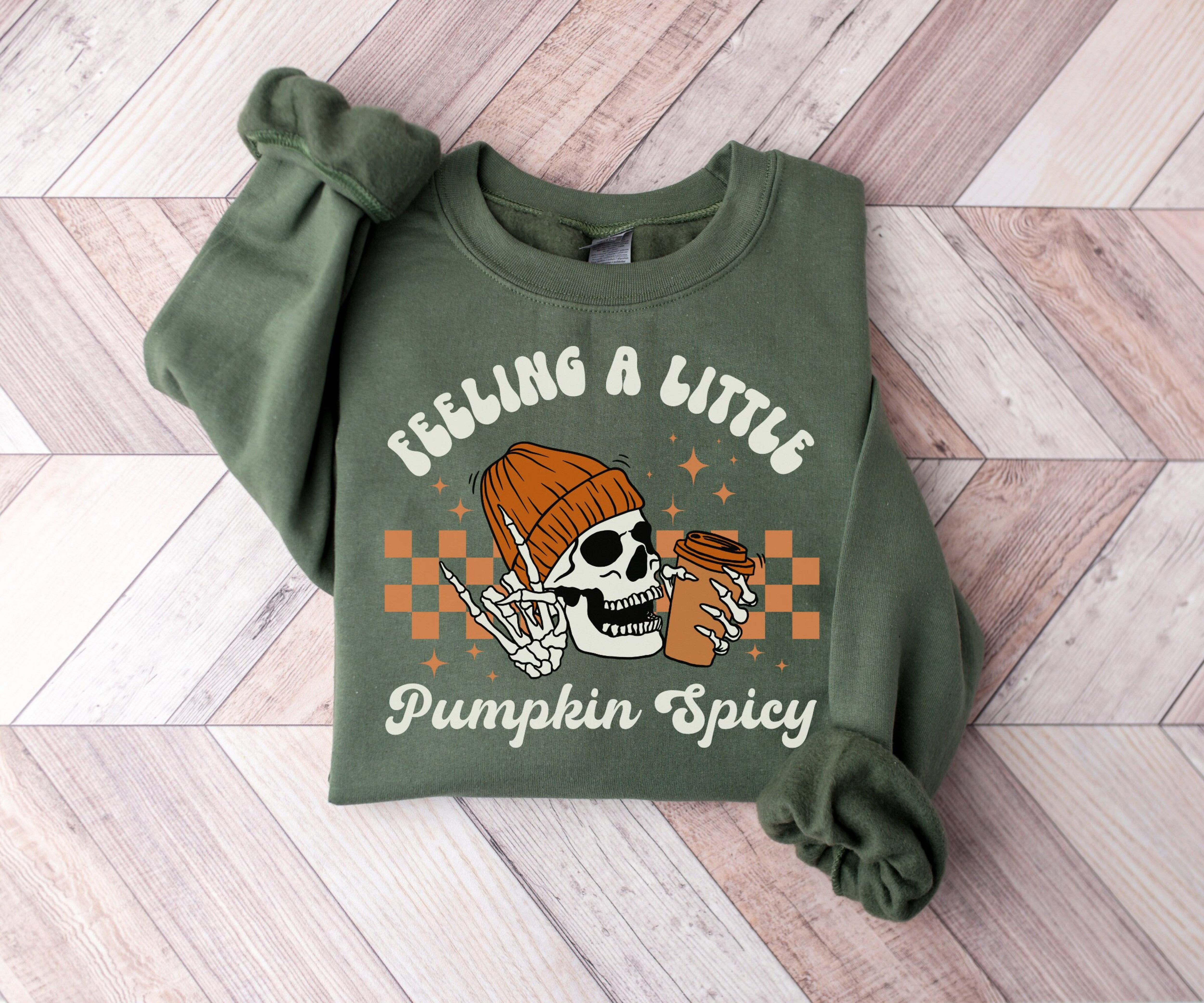 Feeling A Little Pumpkin Spicy, Retro Fall Sweatshirt Womens, Vintage Autumn Sweater, Funny Skeleton Sweatshirt, Retro Halloween Crewneck