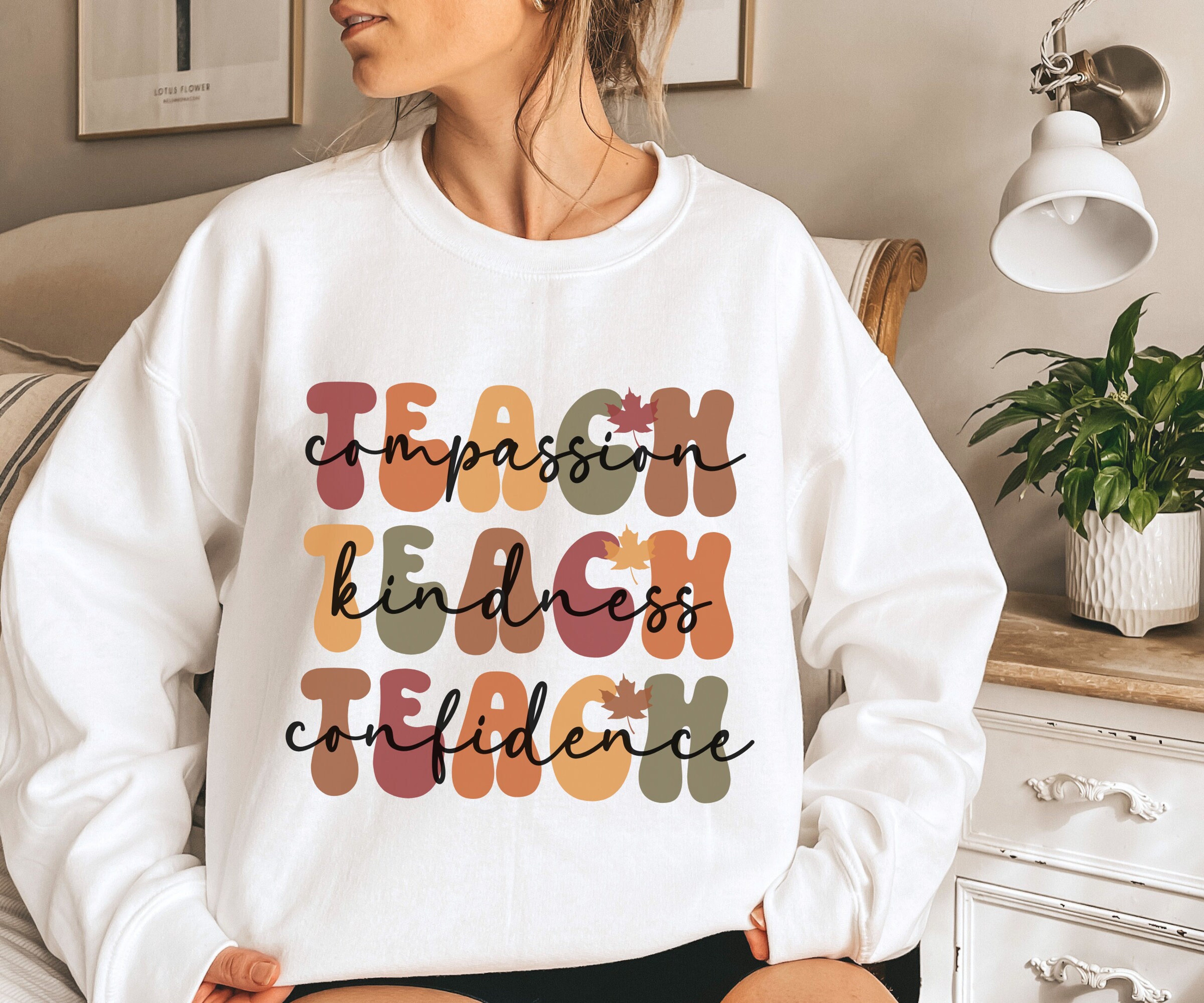 Retro Teacher Sweatshirt, Teach Compassion Kindness Confidence, Cute Teacher Sweater Crewneck, Teacher Appreciation Gift, Gift for Teacher