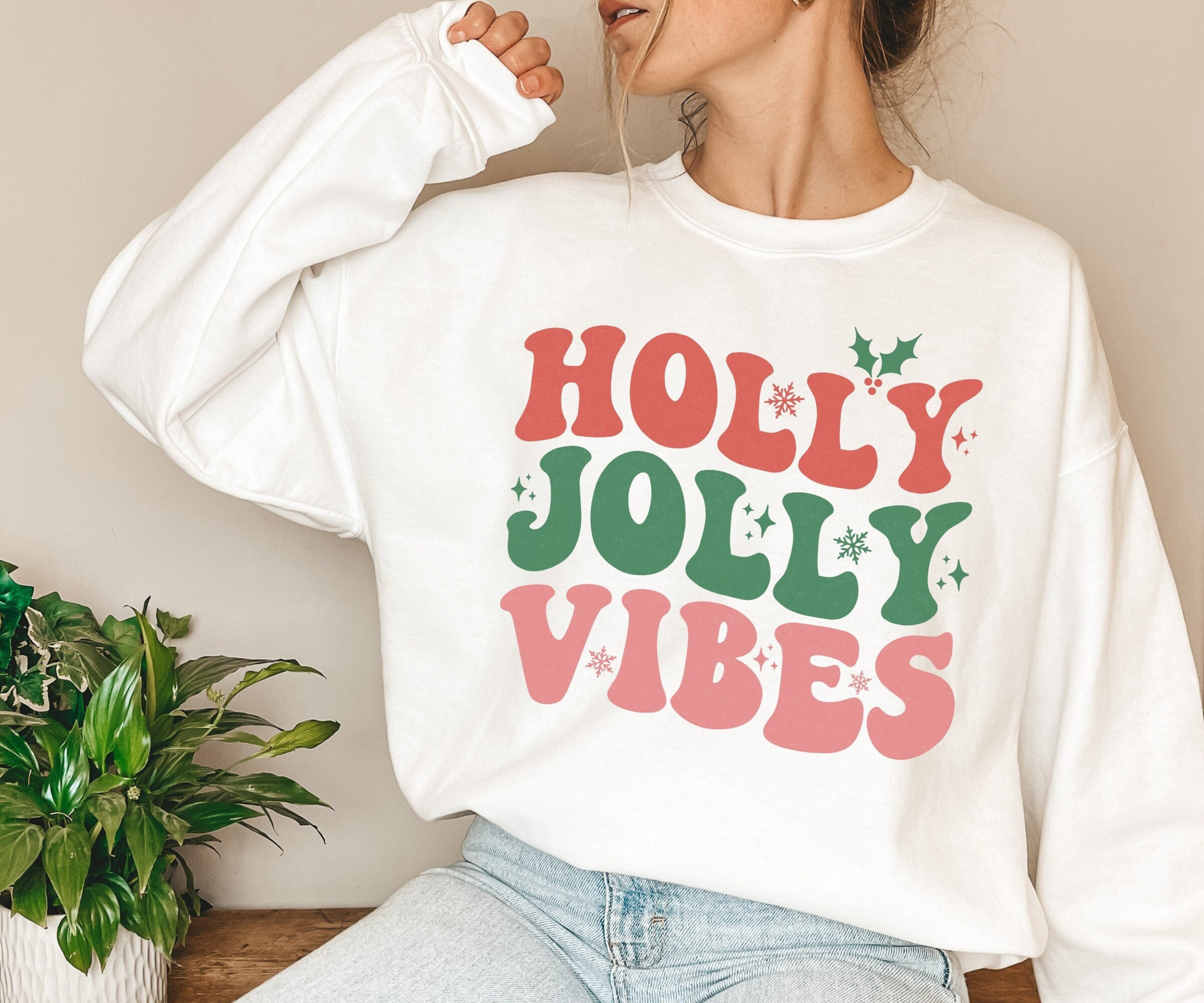 Holly Jolly Vibes Sweatshirt, Retro Christmas Sweatshirt for Women, Vintage Xmas Sweater, Cute Holiday Sweater, Trendy Christmas Crewneck