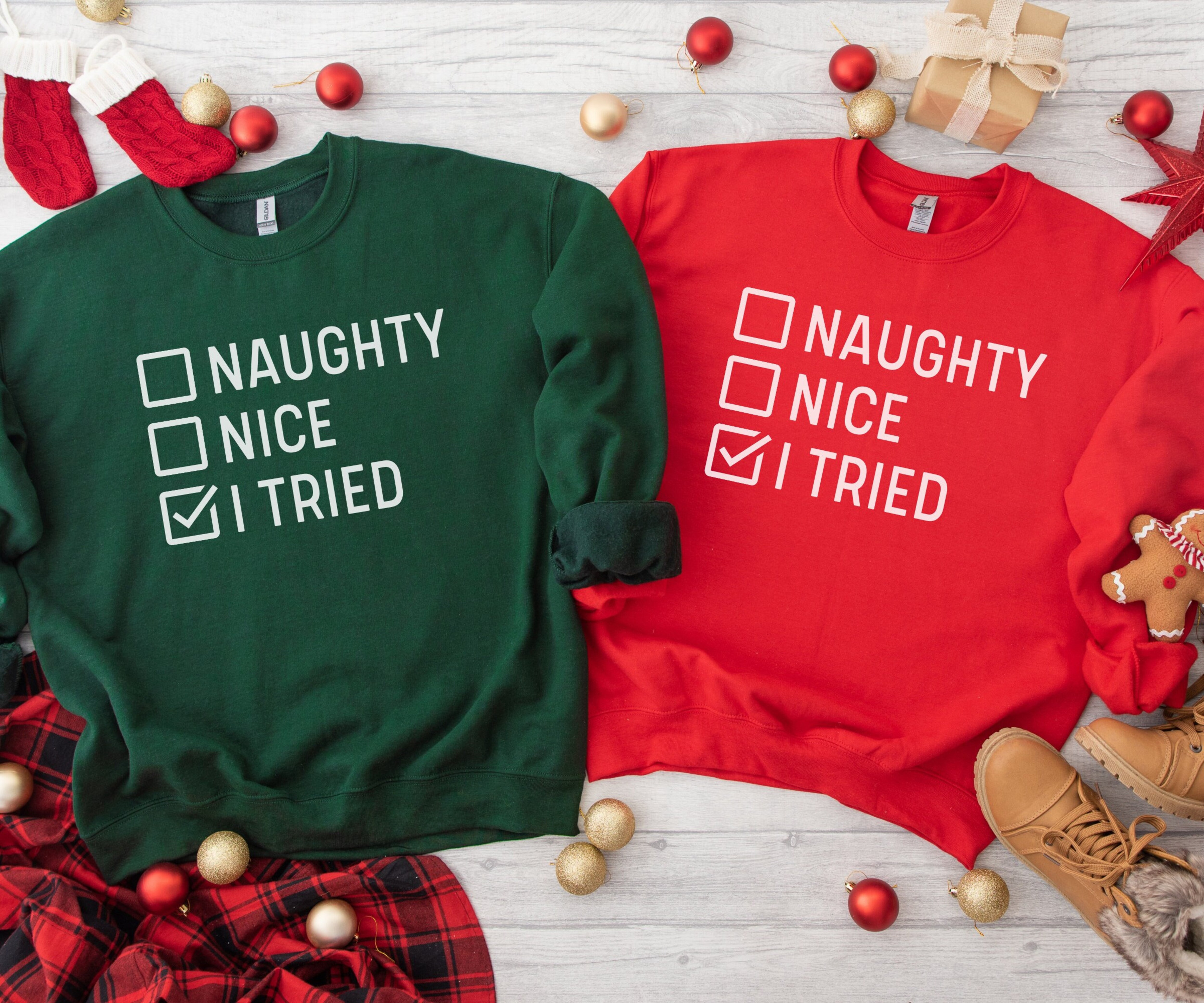 Naughty Nice I Tried, Funny Christmas Sweatshirt, Ugly Christmas Sweater, Christmas Gift for Her, Gift for Friends, Funny Xmas Sweatshirt