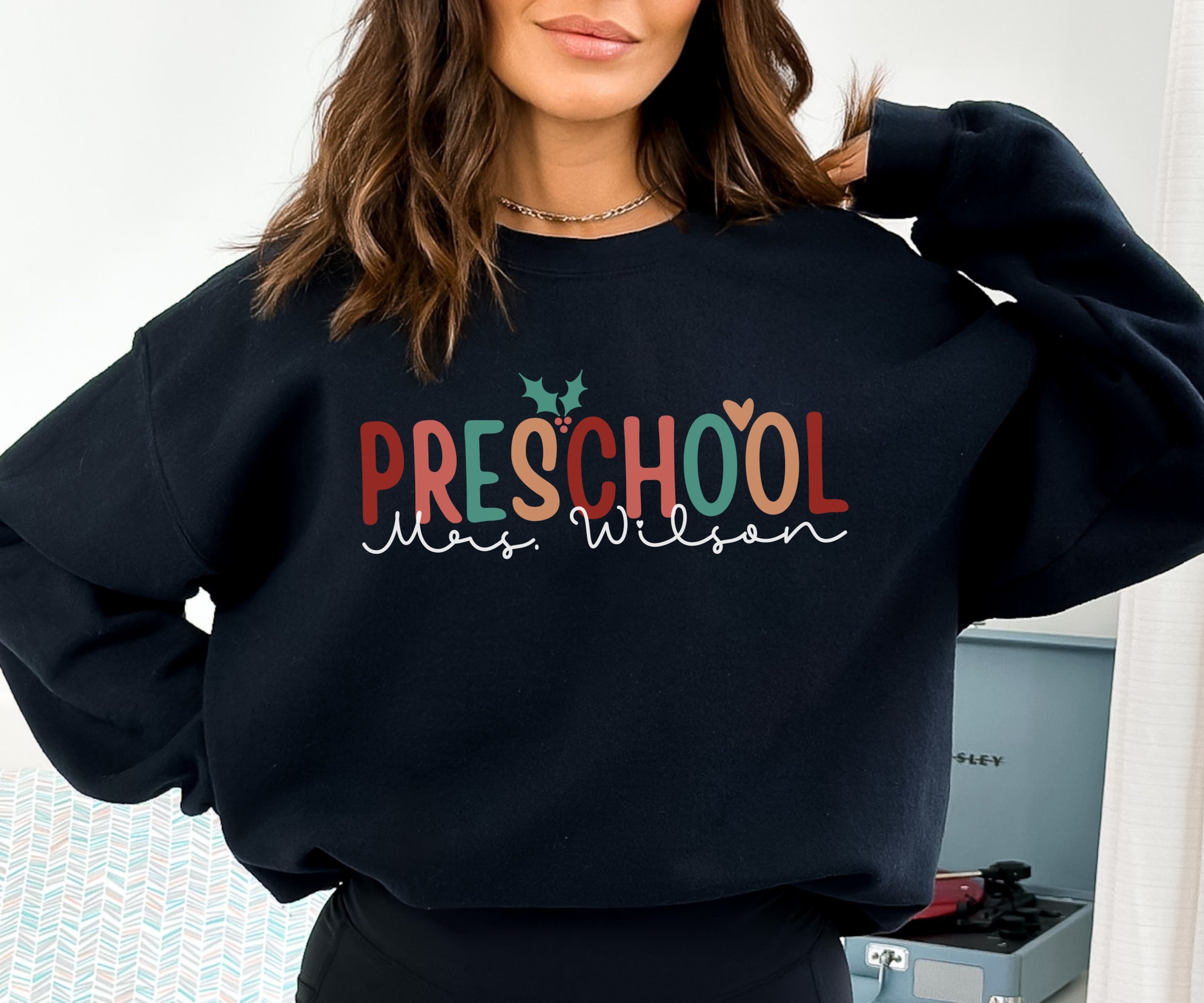 Personalized Preschool Teacher Christmas Sweatshirt, Xmas Pre-K Sweater, Custom Preschool Teacher Gift, Christmas Gift for Teacher Custom