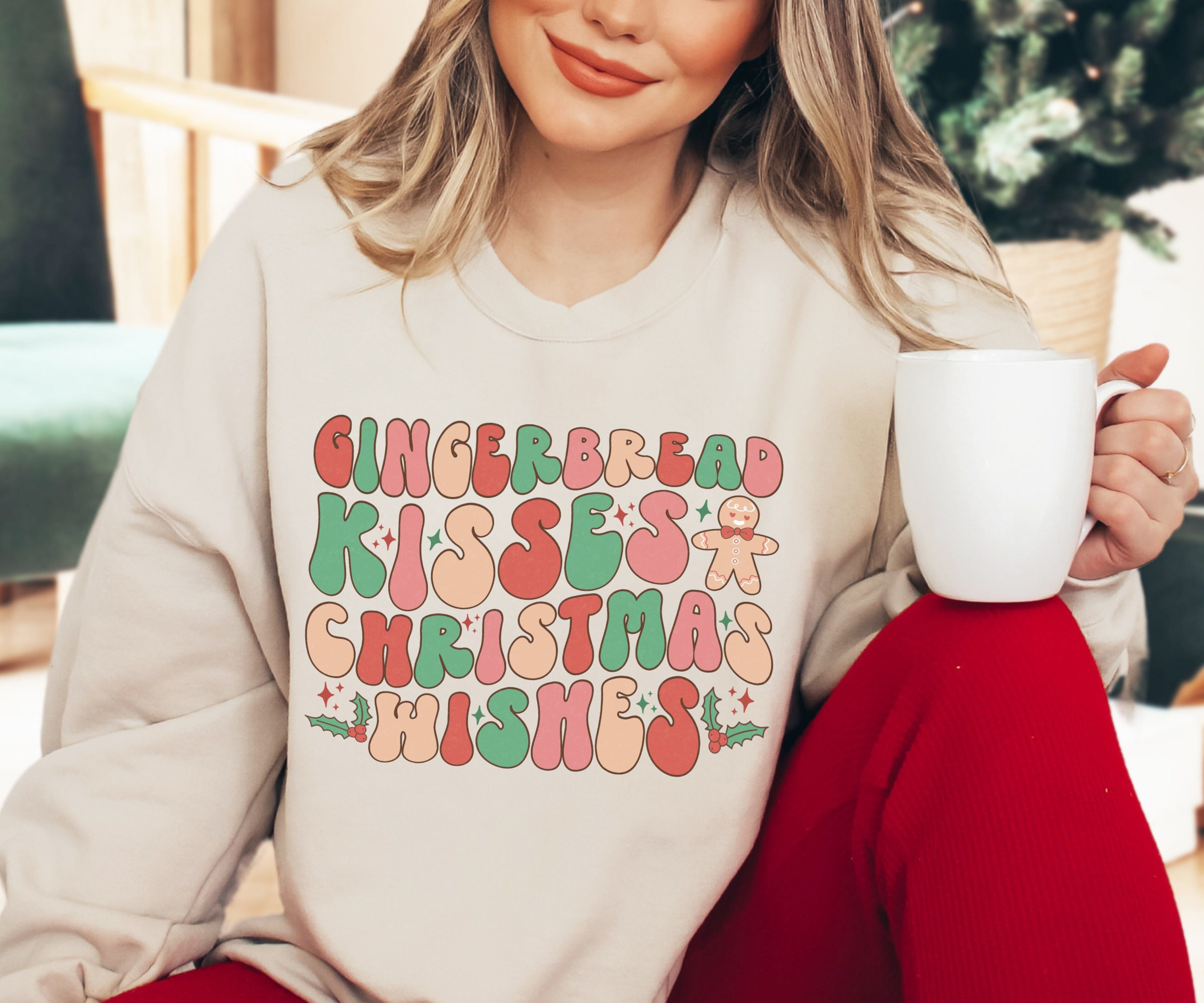 Gingerbread Kisses Christmas Wishes, Retro Christmas Sweatshirt, Retro Holiday Sweater, Gingerbread Sweater, Christmas Pullover, Xmas Gift