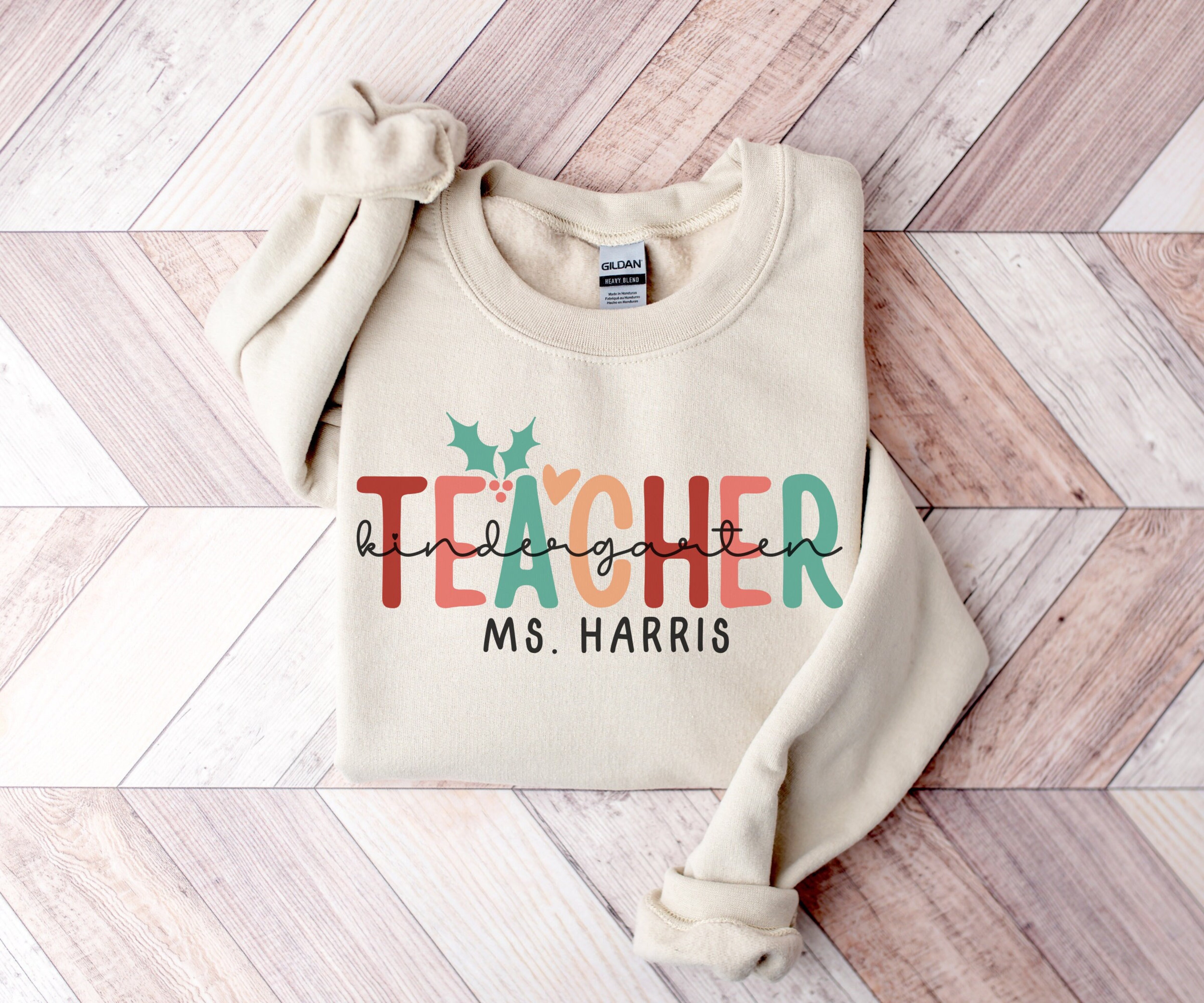 Custom Kindergarten Teacher Christmas Sweatshirt, Personalized Teacher Name Sweater, Xmas Teacher Christmas Gift, Custom Gift for Teacher