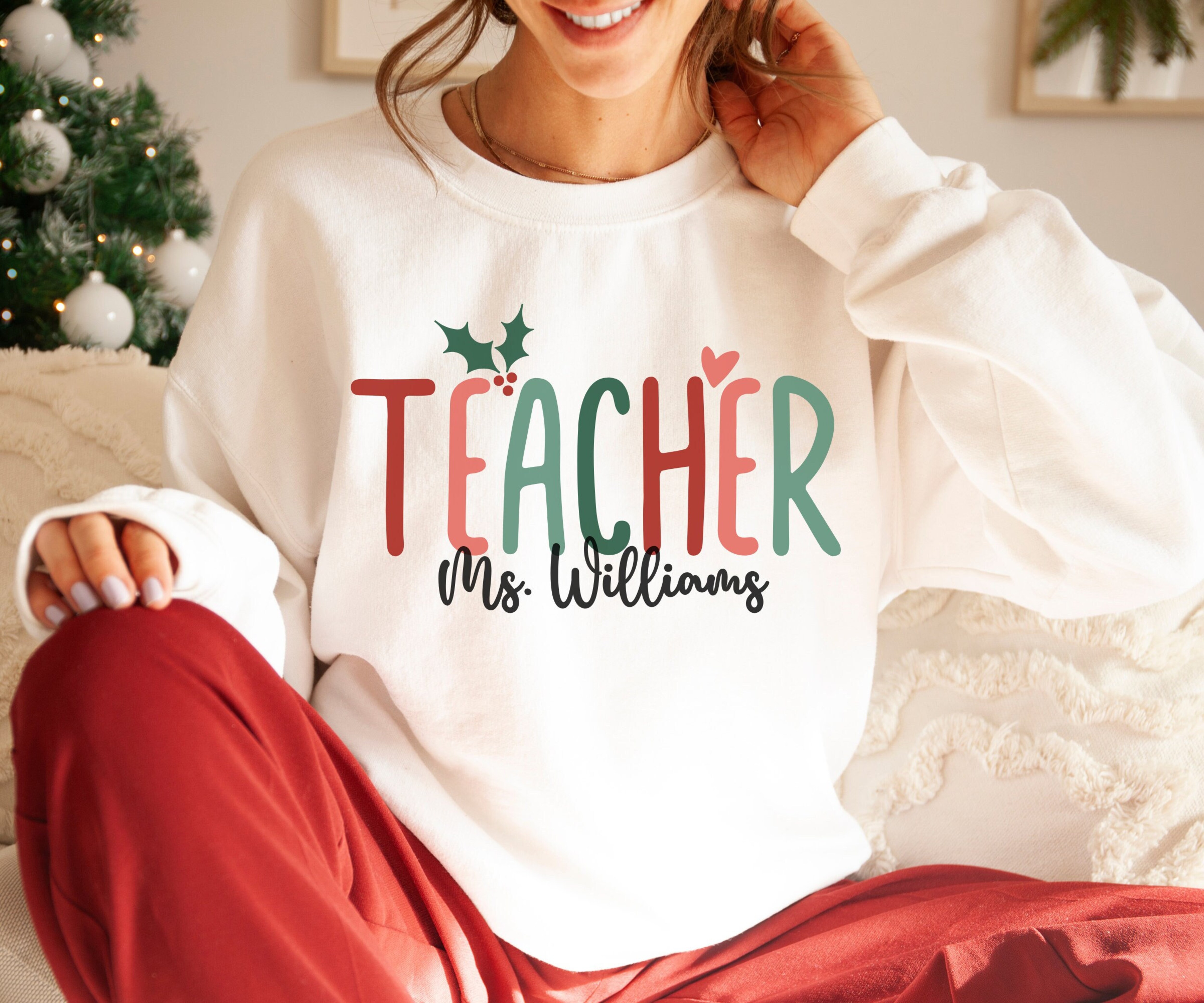 Christmas Teacher Sweatshirt, Personalized Teacher Sweater, Custom Name Teacher Crewneck, Custom Teaching Gift, Xmas Gift for Teacher Gift