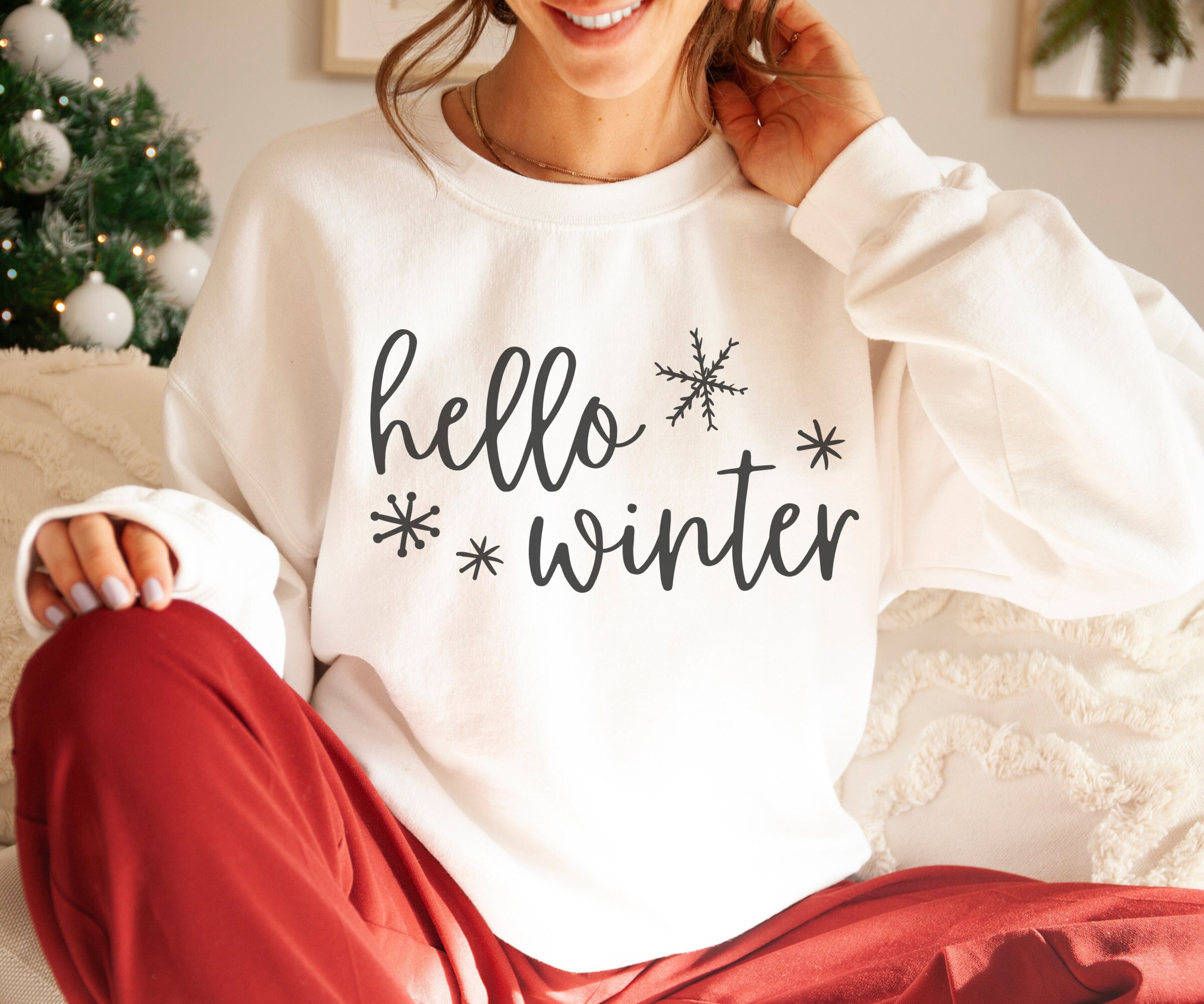 Hello Winter, Holiday Sweatshirt, Christmas Sweater, Cozy Winter Pullover, Winter Sweatshirt, Xmas Gift for Her, Women Christmas Sweatshirt