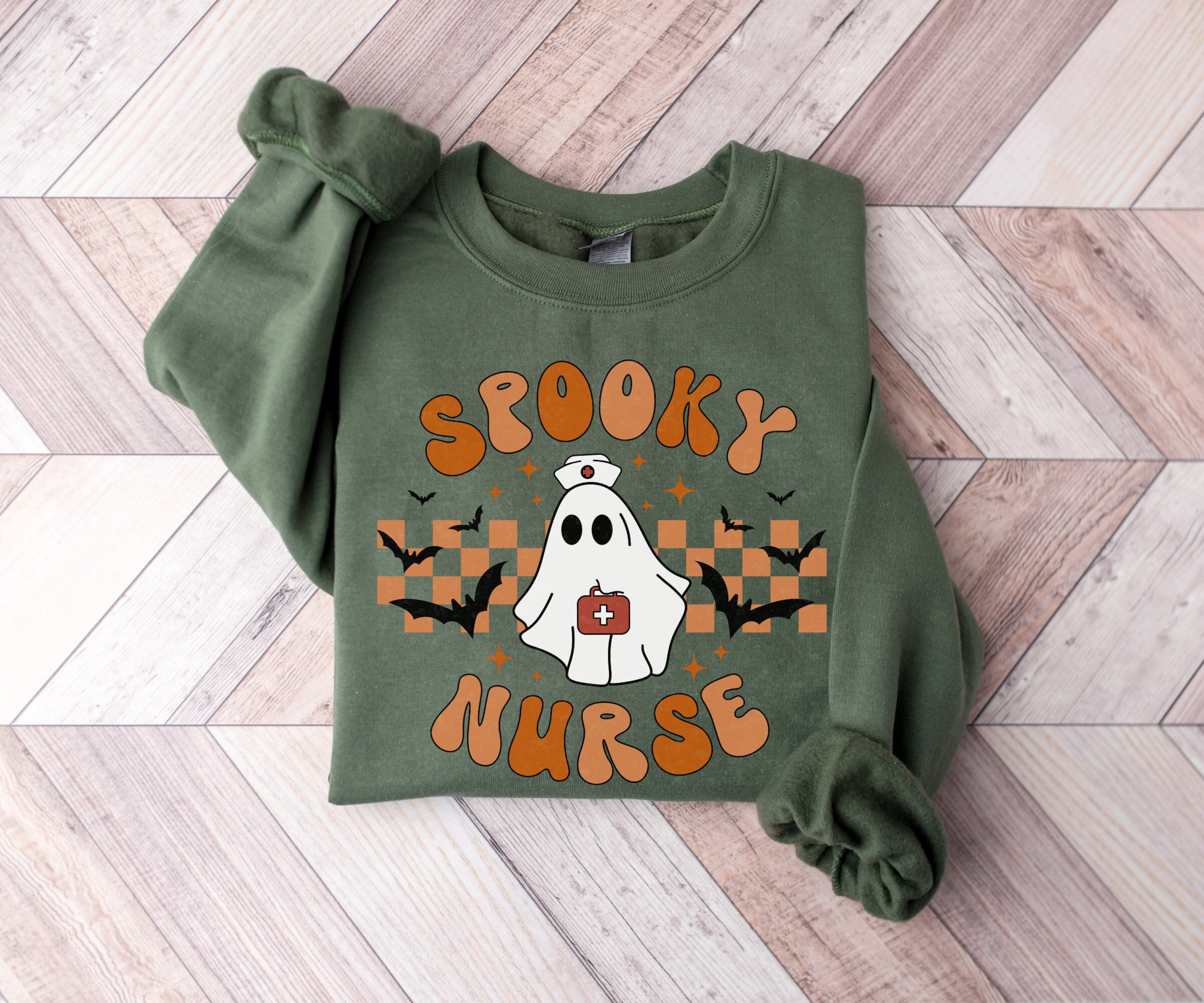 Spooky Nurse Sweatshirt, Retro Halloween Nurse Sweater, Ghost Sweatshirt for Nurse, Registered Nurse Crewneck, Cute Fall Pullover Hoodie