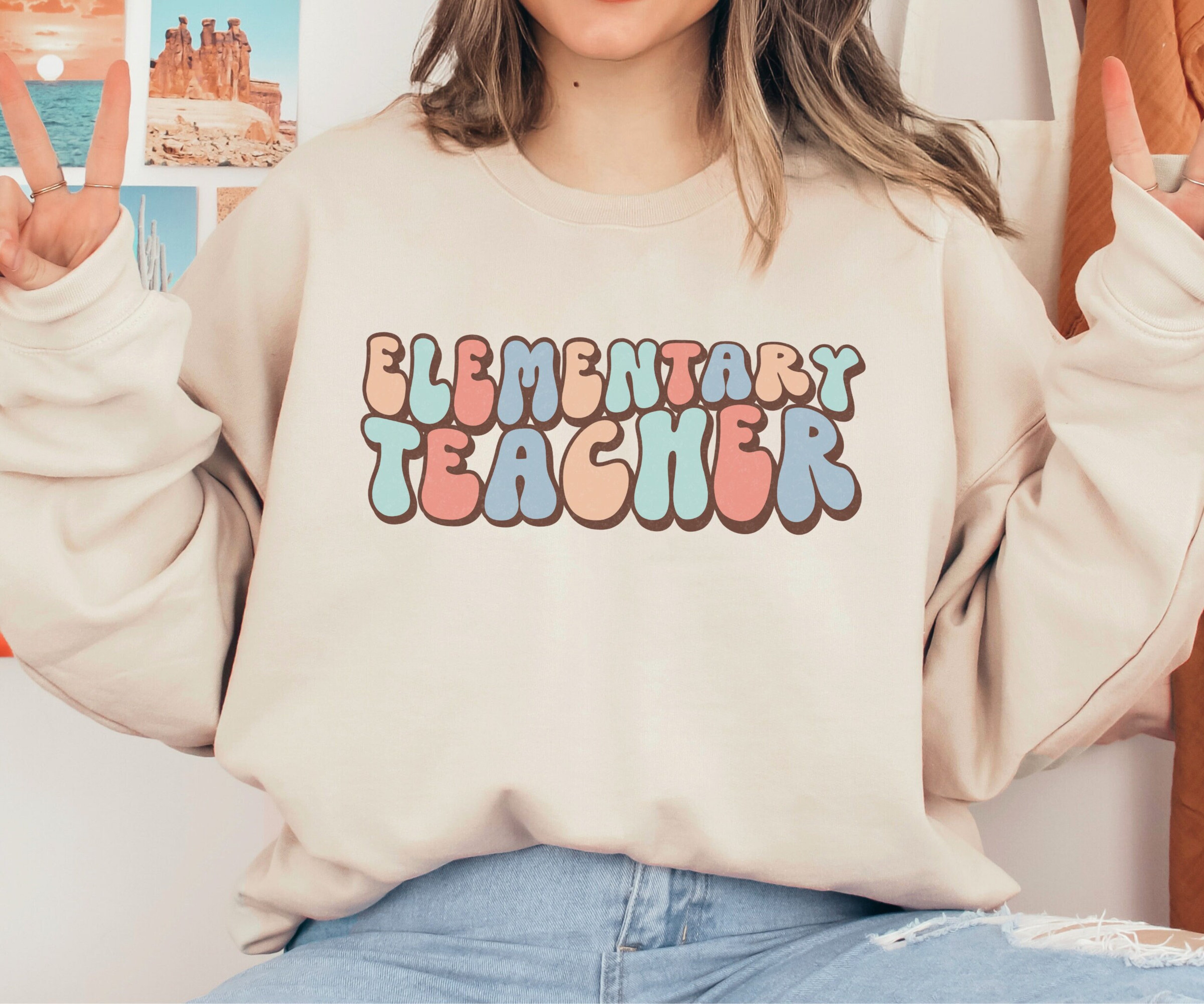 Retro Elementary Teacher Sweatshirt, Trendy Elementary Teacher Sweater, Gift for Elementary Teacher, Elementary Teacher Gift, Cute Teacher