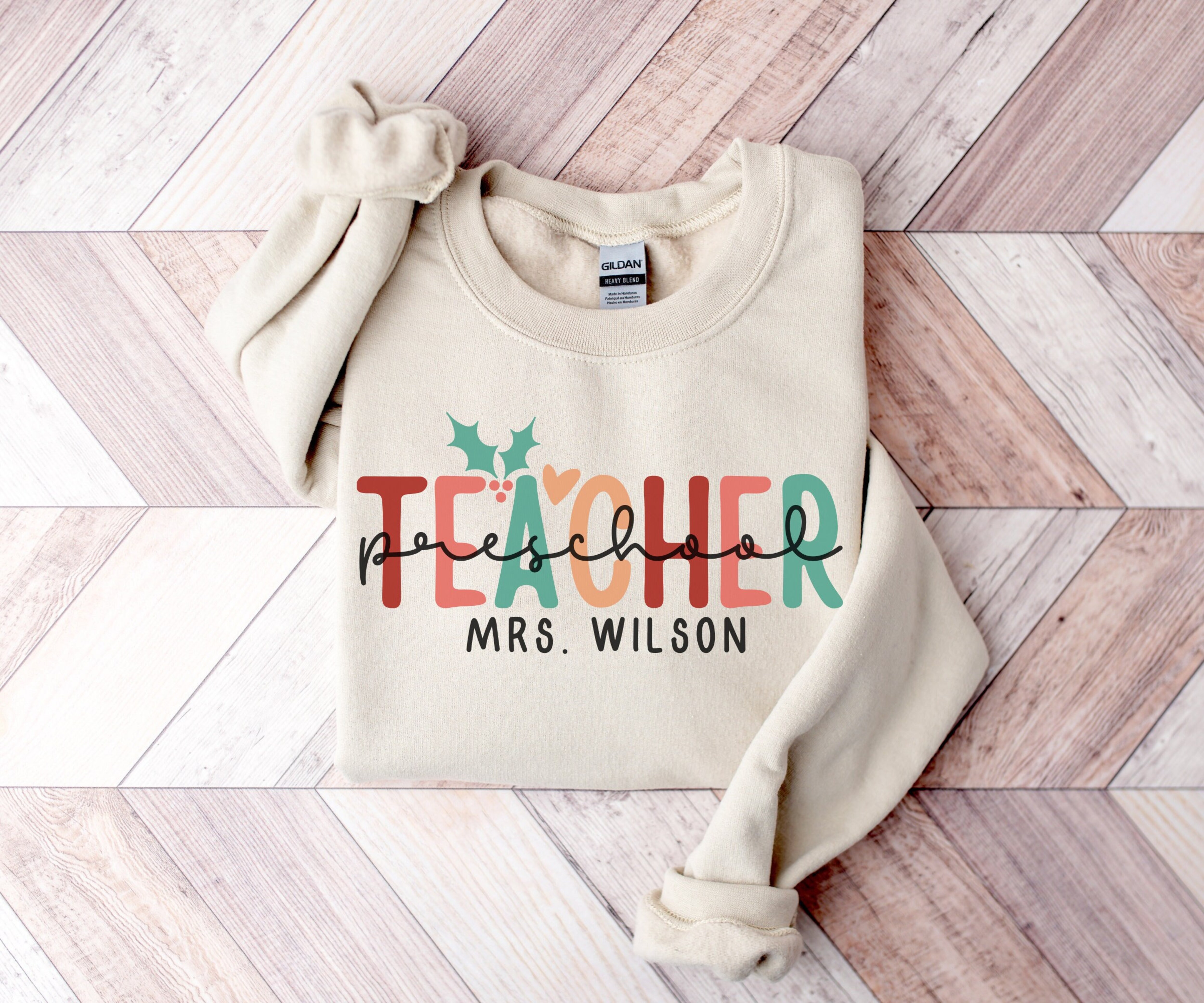 Custom Preschool Teacher Christmas Sweatshirt, Personalized Teacher Name Sweater, Pre-K Teacher Christmas Gift, Xmas Gift for PreK Teacher