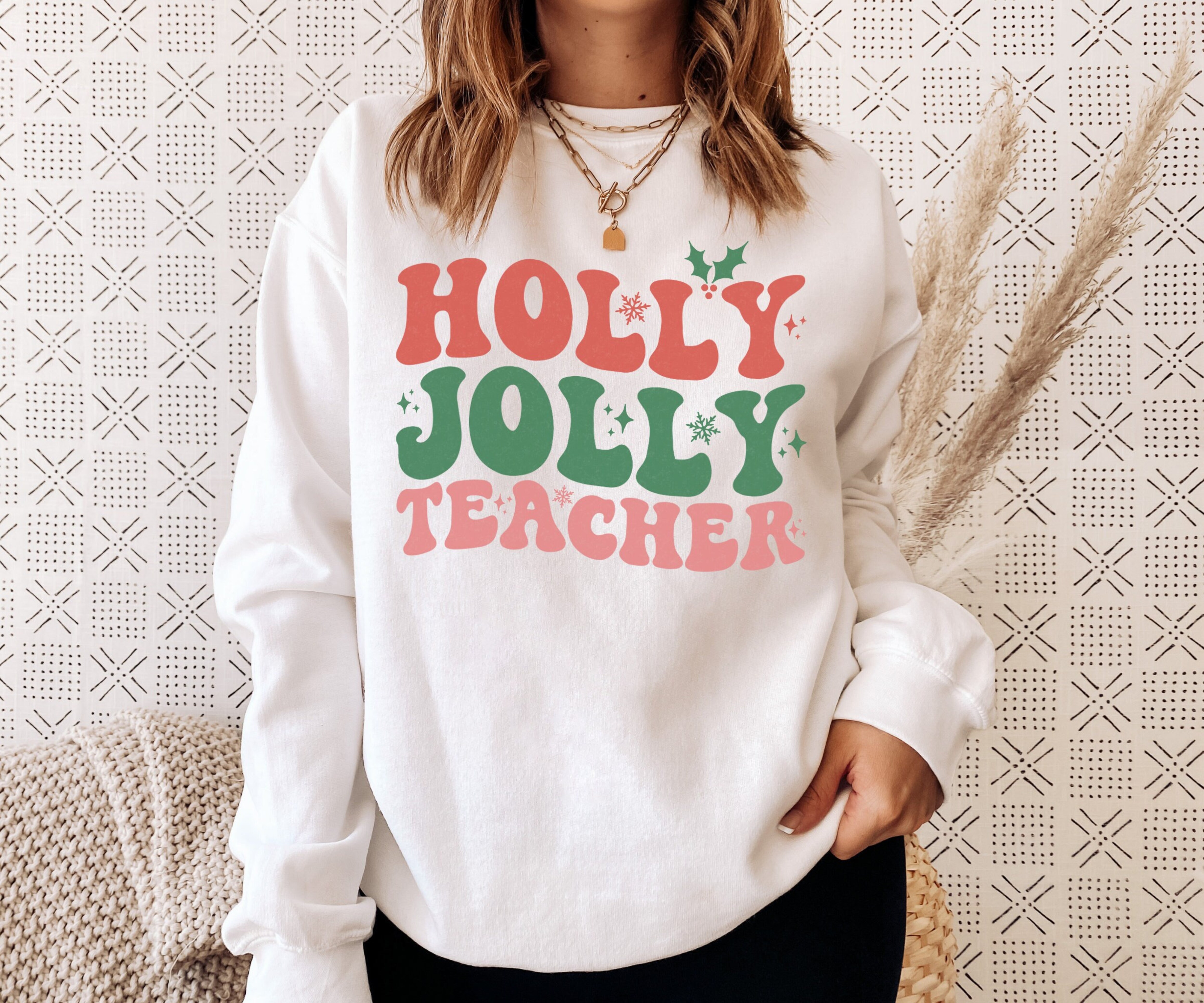 Holly Jolly Teacher Sweatshirt, Teacher Christmas Sweatshirt, Xmas Teacher Sweater, Retro Christmas Sweater for Teacher, Teacher Xmas Gift