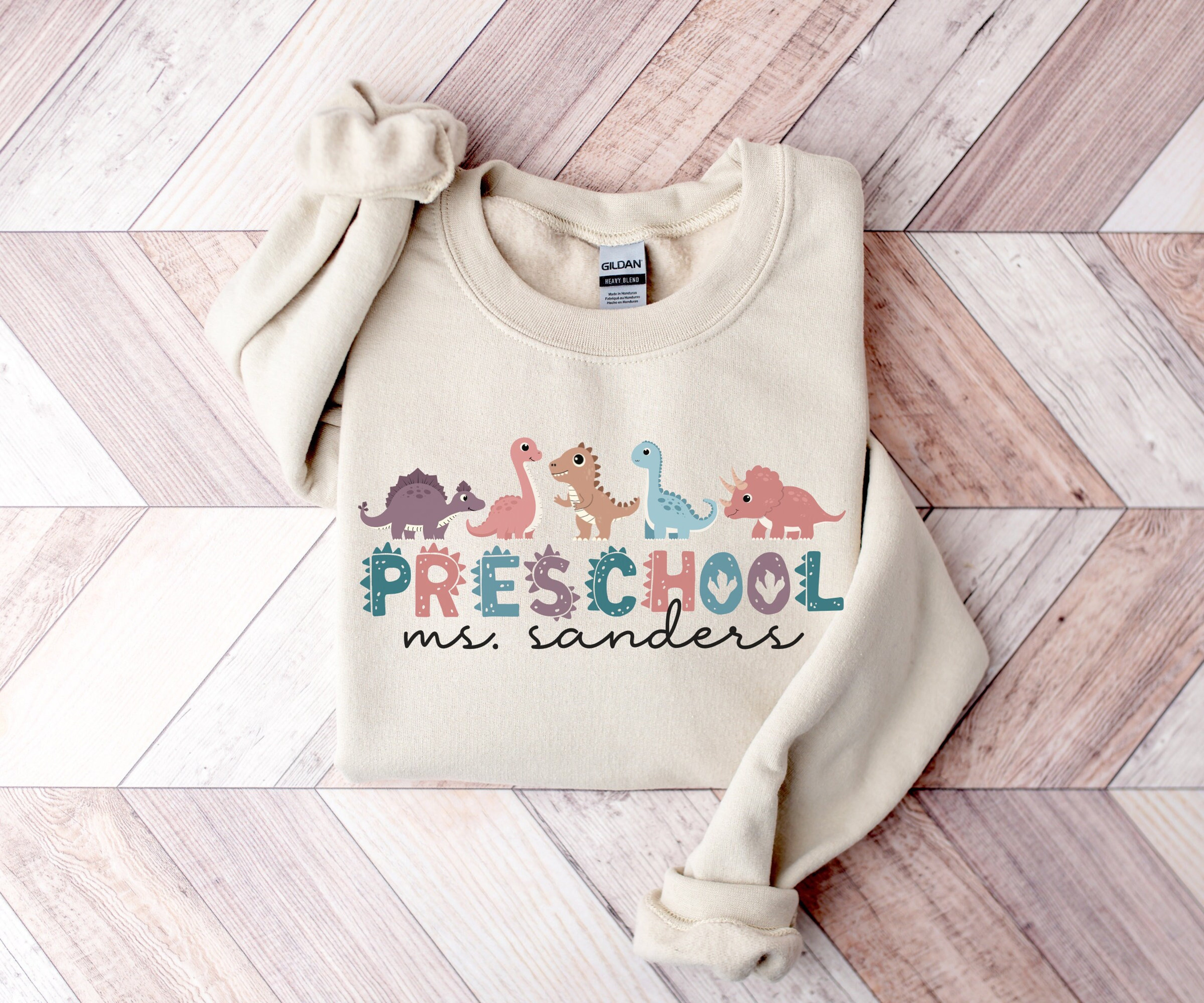 Custom Preschool Teacher Sweatshirt, Personalized Teacher Name Dinosaur Sweater, Pre-K Teacher Appreciation Gift, Custom Gift for Teacher