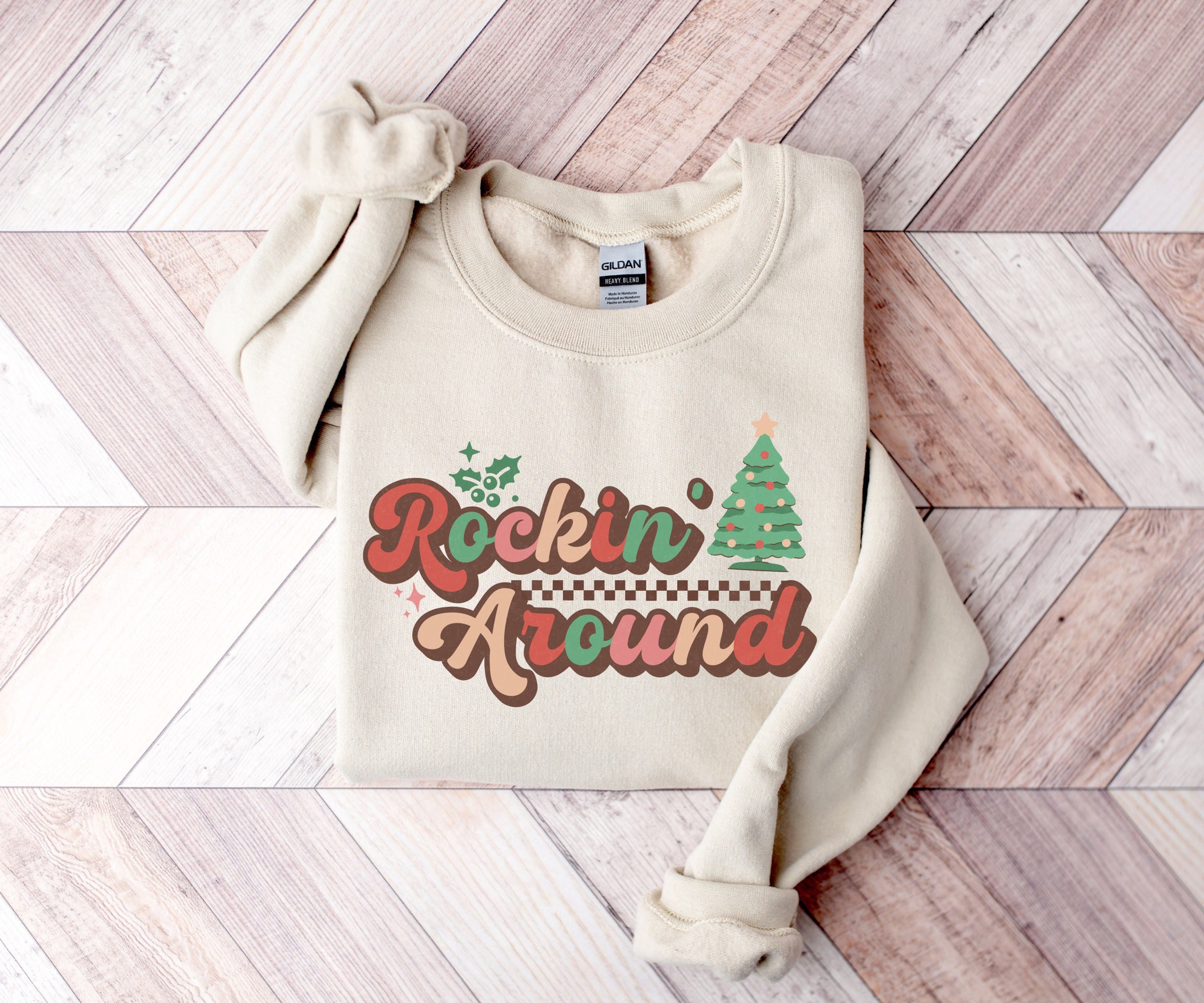 Rockin&#39; Around Sweatshirt, Retro Christmas Sweatshirt, Holiday Sweater, Christmas Tree Crewneck, Retro Xmas Sweater, Womens Christmas Gift