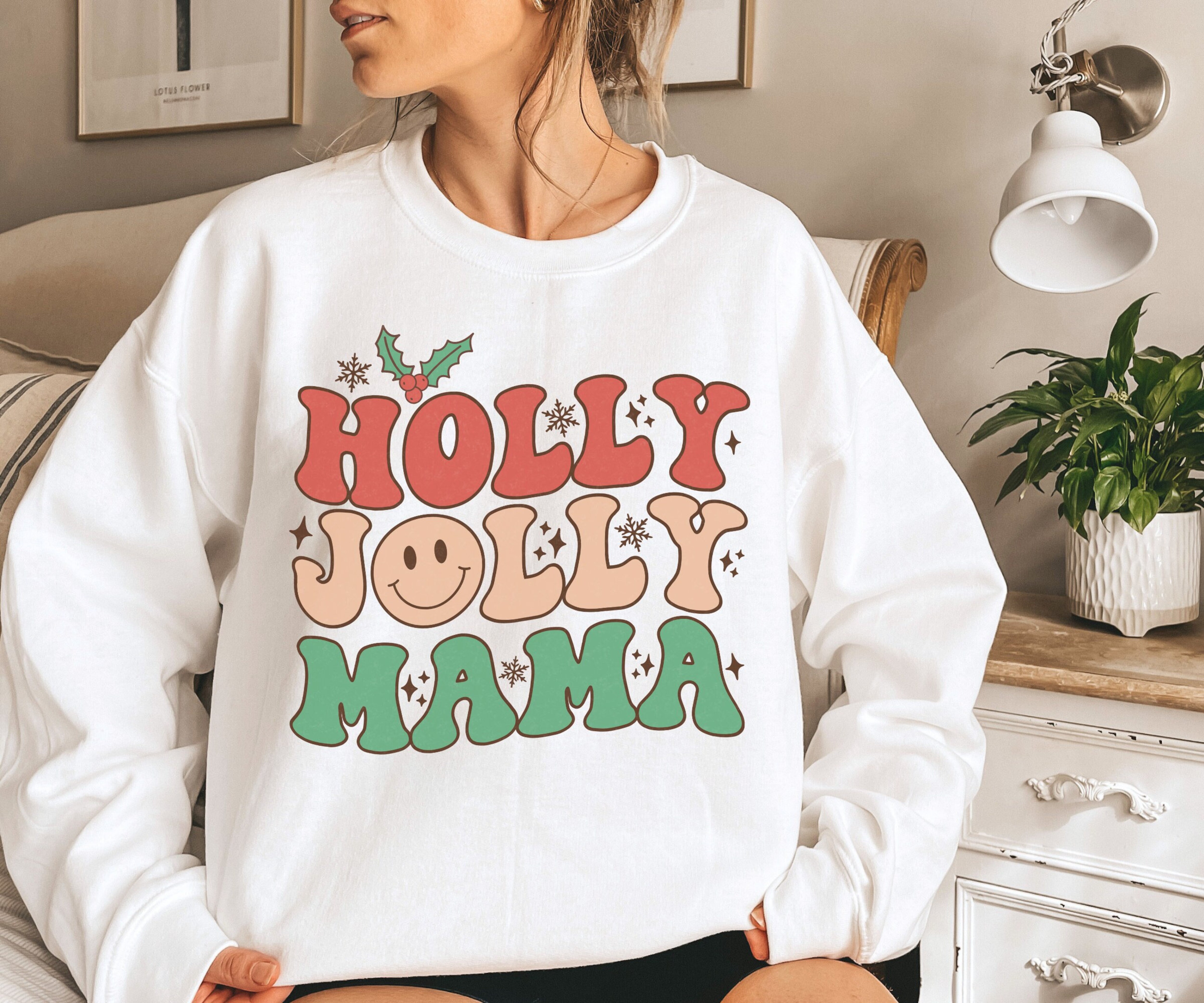 Holly Jolly Mama Sweatshirt, Mom Christmas Sweatshirt, Retro Christmas Mama Sweater, Trendy Christmas Women Crewneck, Christmas Gift for Mom