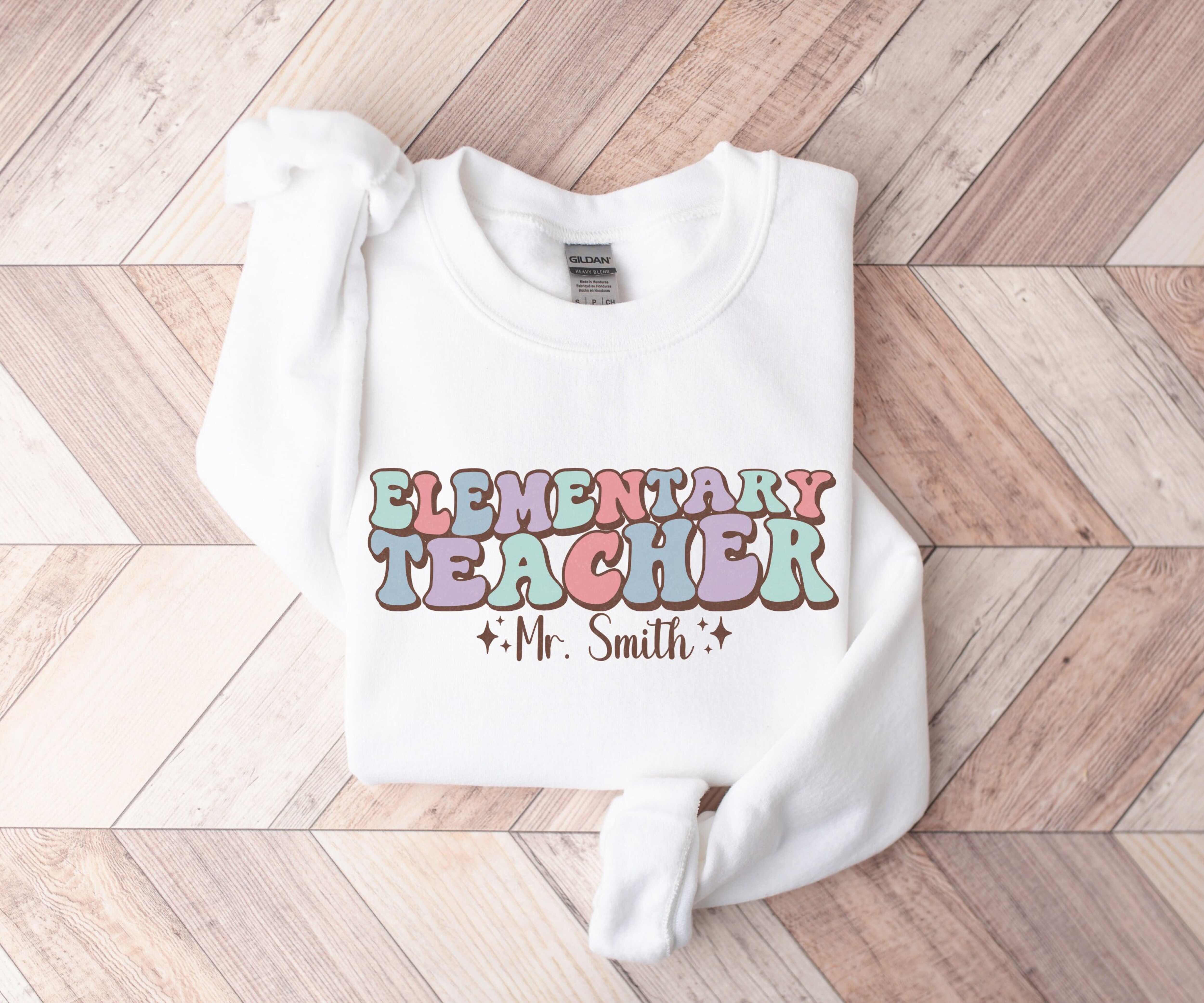 Retro Elementary Teacher Sweatshirt with Custom Name, Personalized Teacher Sweater, Custom Elementary Teacher Gift, Grade Level Sweatshirt