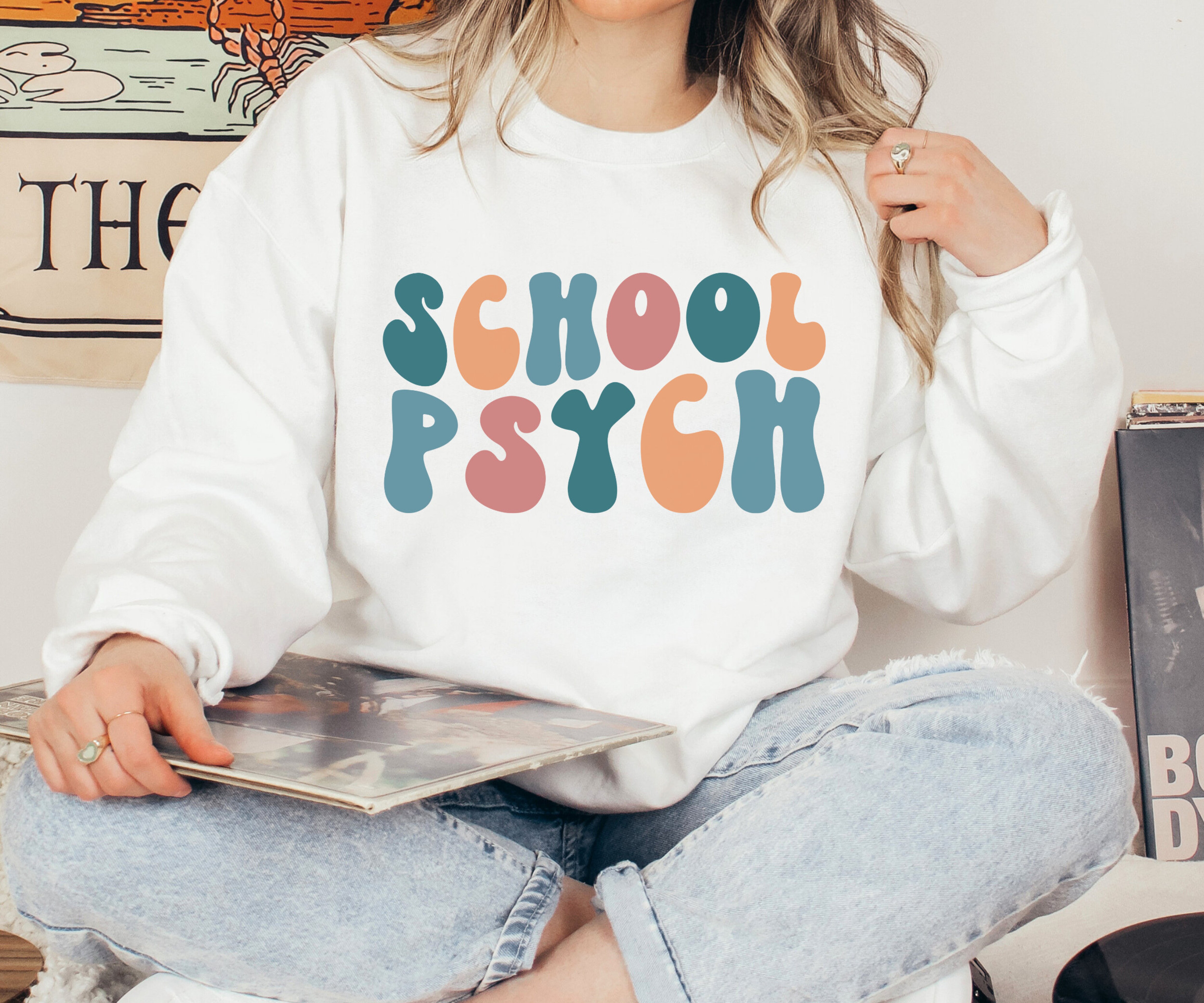 Retro School Psychologist Sweatshirt, Trendy Psychology Sweater, Groovy Oversized Crewneck, Gift for Psychologist, New Psych Grad Gift Idea