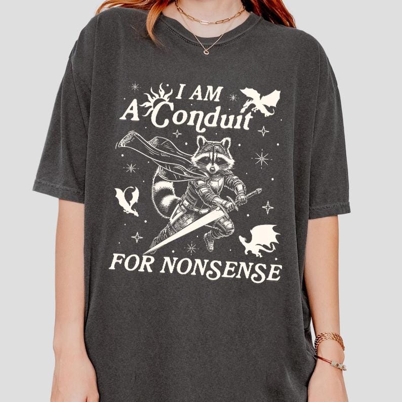 I Am A Conduit For Nonsense Shirt, Unhinged Horse Shirt, Raccoon Meme dhirt, Fantasy Wizard Magic Raccoon Shirt, Board Dragons Nerd Shirt