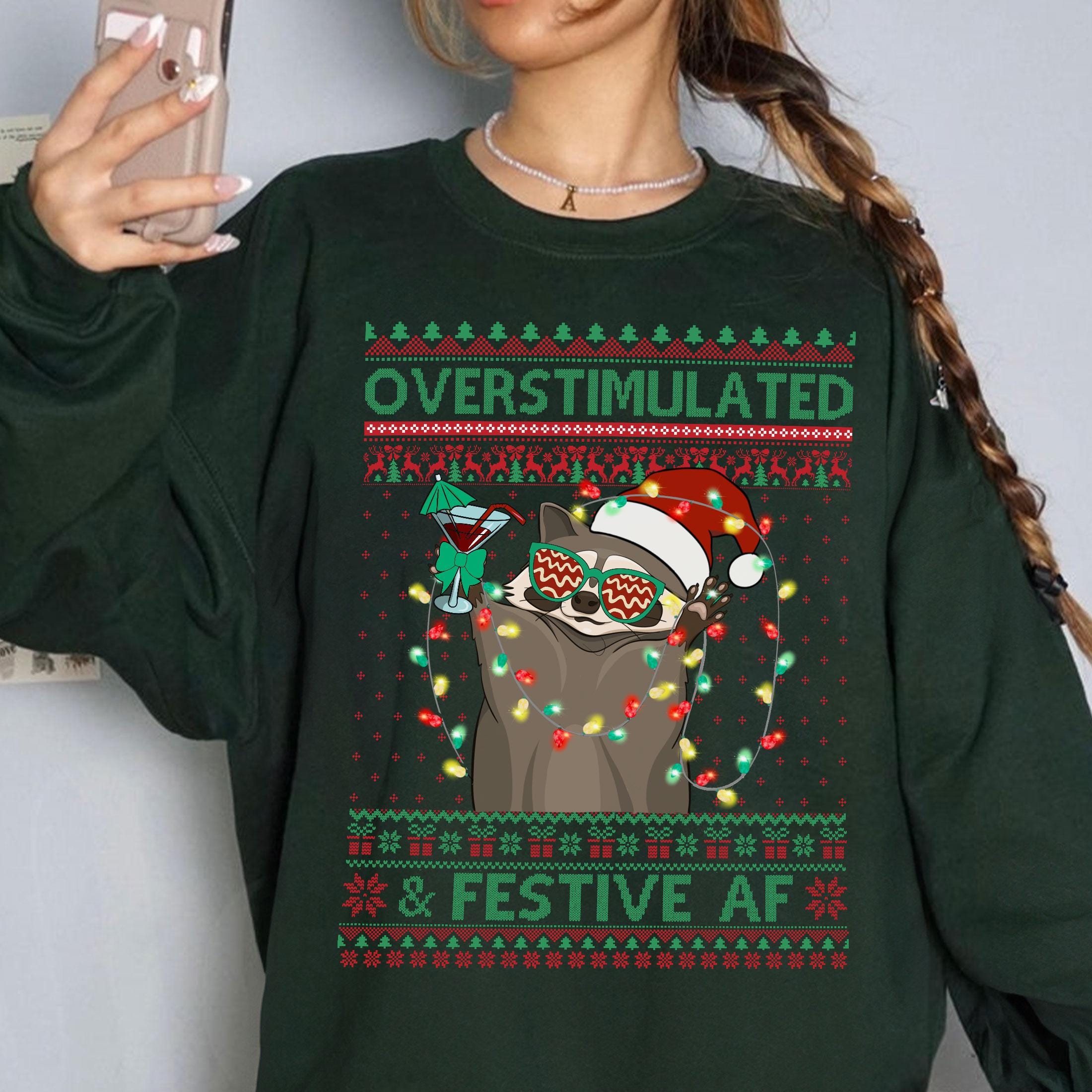 Overstimulated &amp; Festive Af Raccoon Christmas Shirt, Ugly Christmas Sweater Christmas Party Shirt, Funny Raccoon Shirt,Funny Christmas Shirt