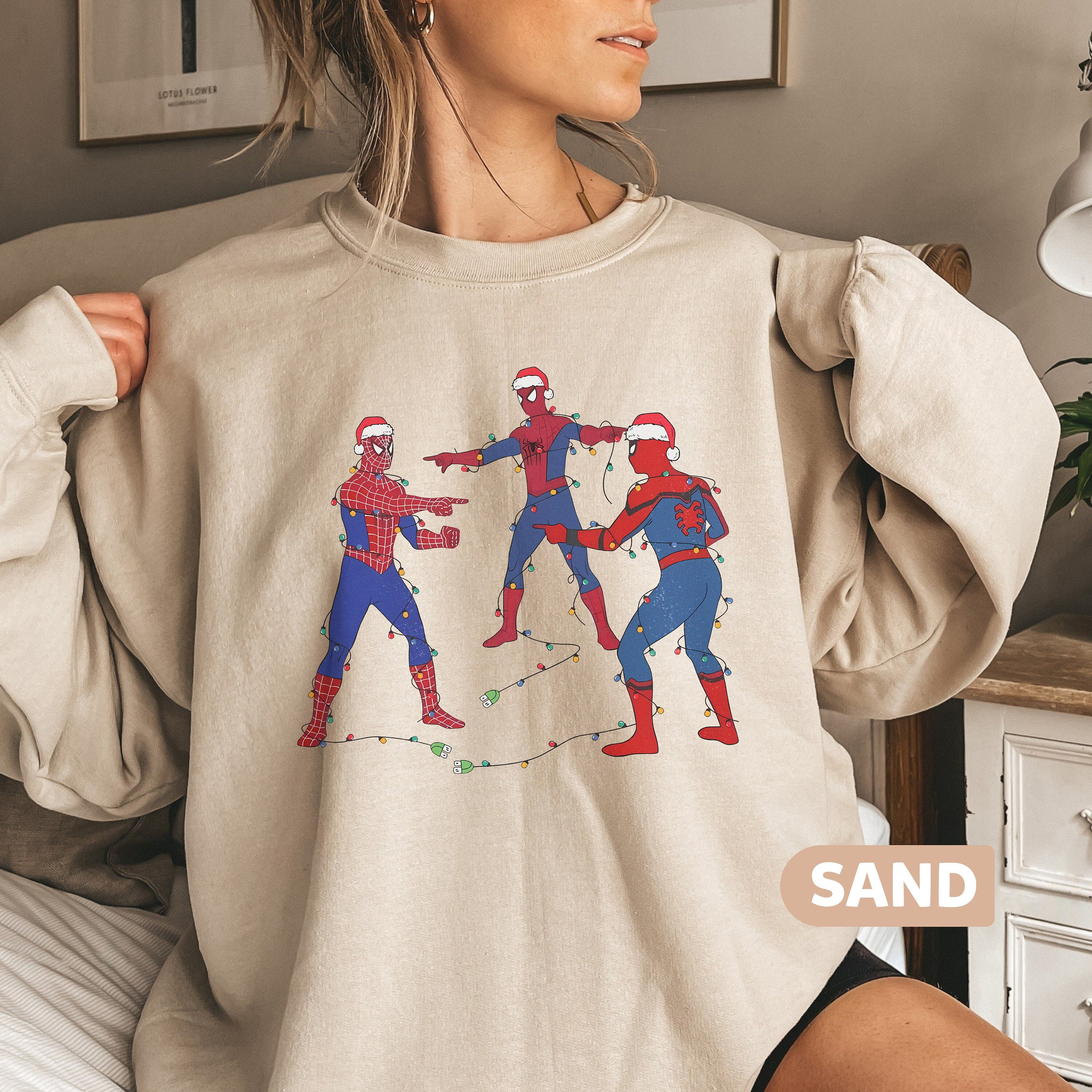 Marvel Three Spiderman Meme Costume Santa Christmas Light Sweater, Disney MCU Characters Christmas Shirt, Marvel Fan Gift, MCU Family Gift