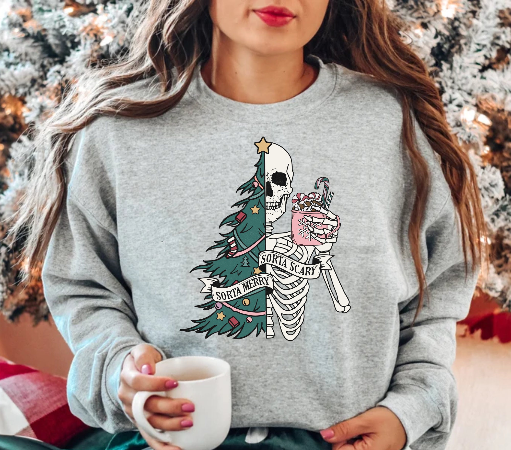 Sorta Merry Sorta Scary Crewneck, Funny Christmas Sweatshirt, Cute Spooky Season Sweater, Custom Christmas Skeleton Sweatshirt