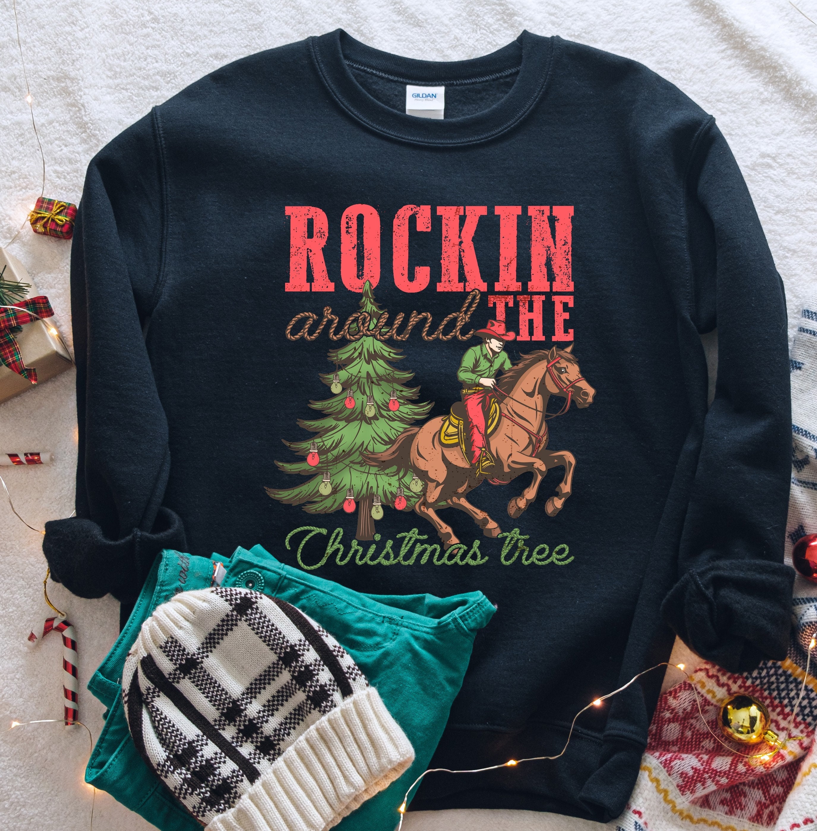 Rocking Around The Christmas Tree Sweatshirt, Christmas Western Outfit, Cowboy Cowgirl Christmas Shirt, Retro Christmas Western Shirt