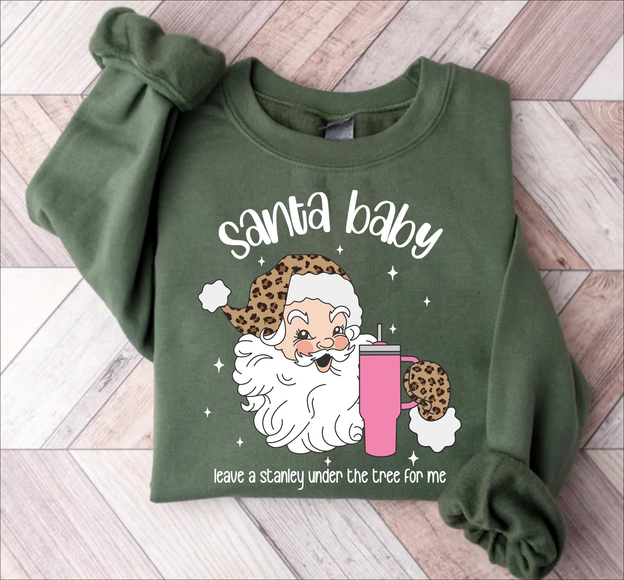 Leopard Santa Sweater, Retro Christmas Hoodie, Christmas Sweatshirt, Leave A Stanley Under The Tree For Me, Christmas Gifts