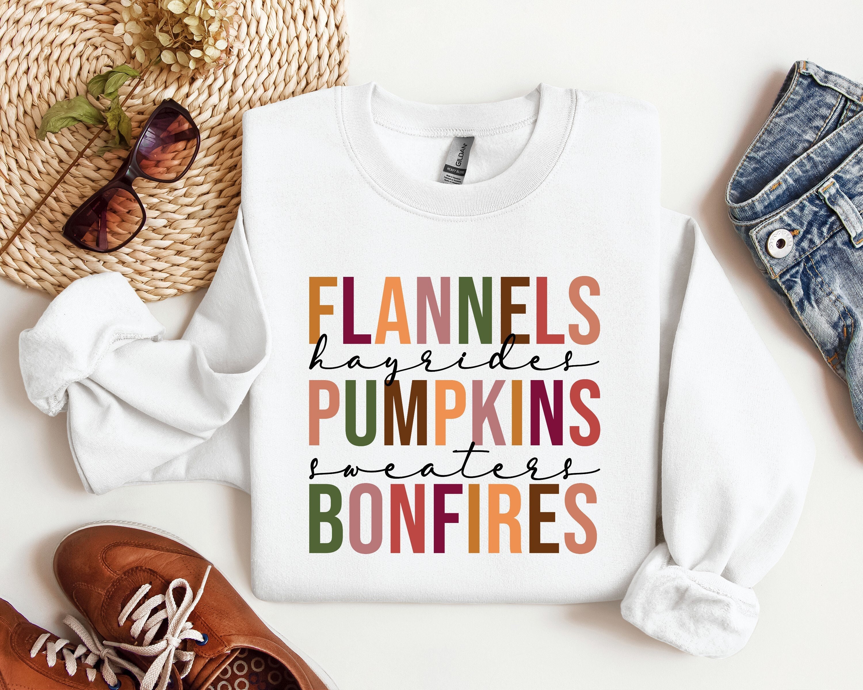 Flannels Pumpkins Sweaters, Bonfires Sweatshirt, Fall Shirt, Fall Sweatshirt for Women, Autumn Shirt, Fall Shirts, Thanksgiving Shirt