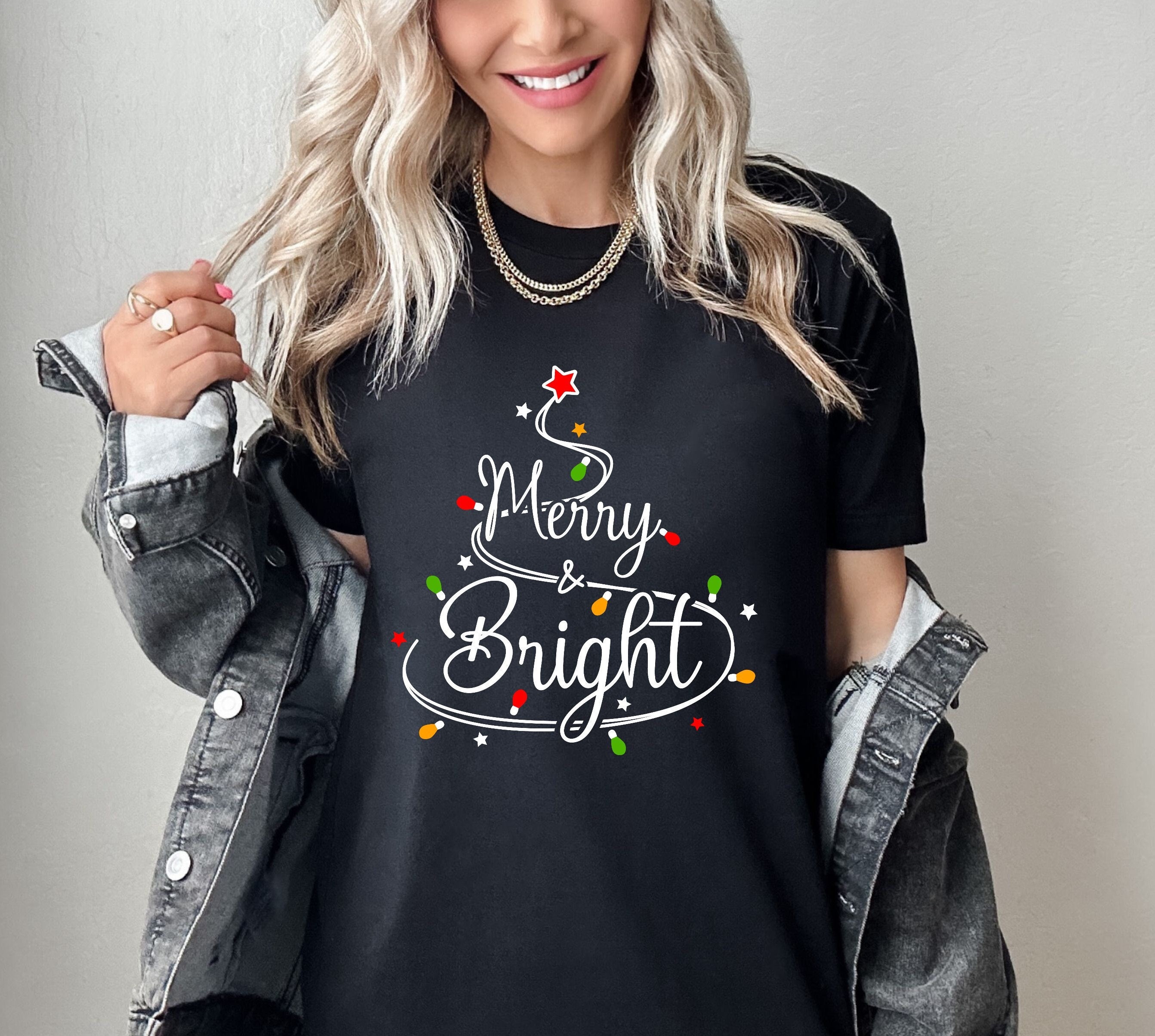 Merry and Bright Christmas Tee, Women's Christmas Sweatshirt, Christmas Gifts, Christmas Shirt for Her, Cute Long Sleeve Xmas Gift for Her