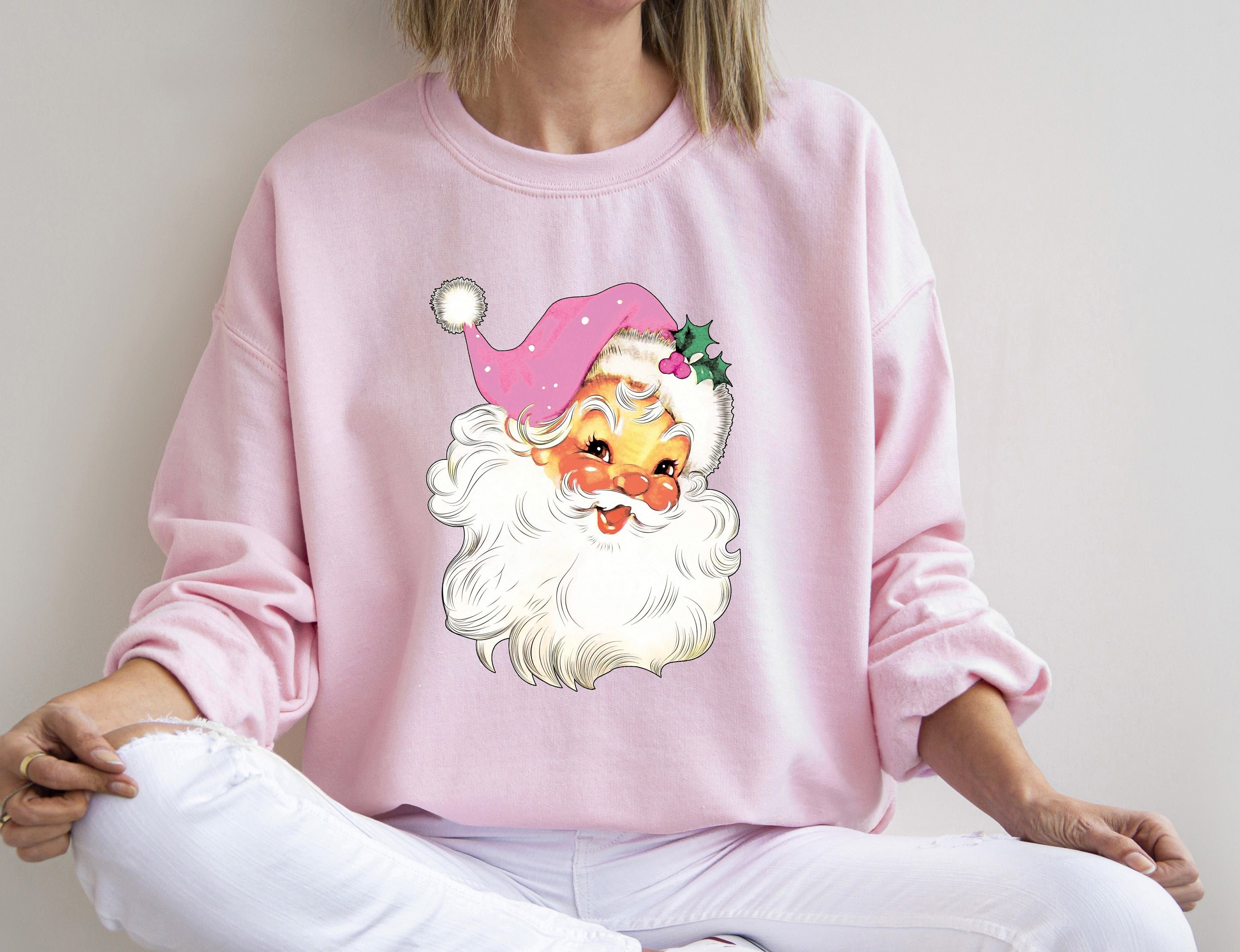 Pink Retro Santa Sweatshirt, Vintage Santa Sweater, Christmas Santa Sweatshirt, Holiday Retro Christmas, Gift For Christmas, Holiday Shirt