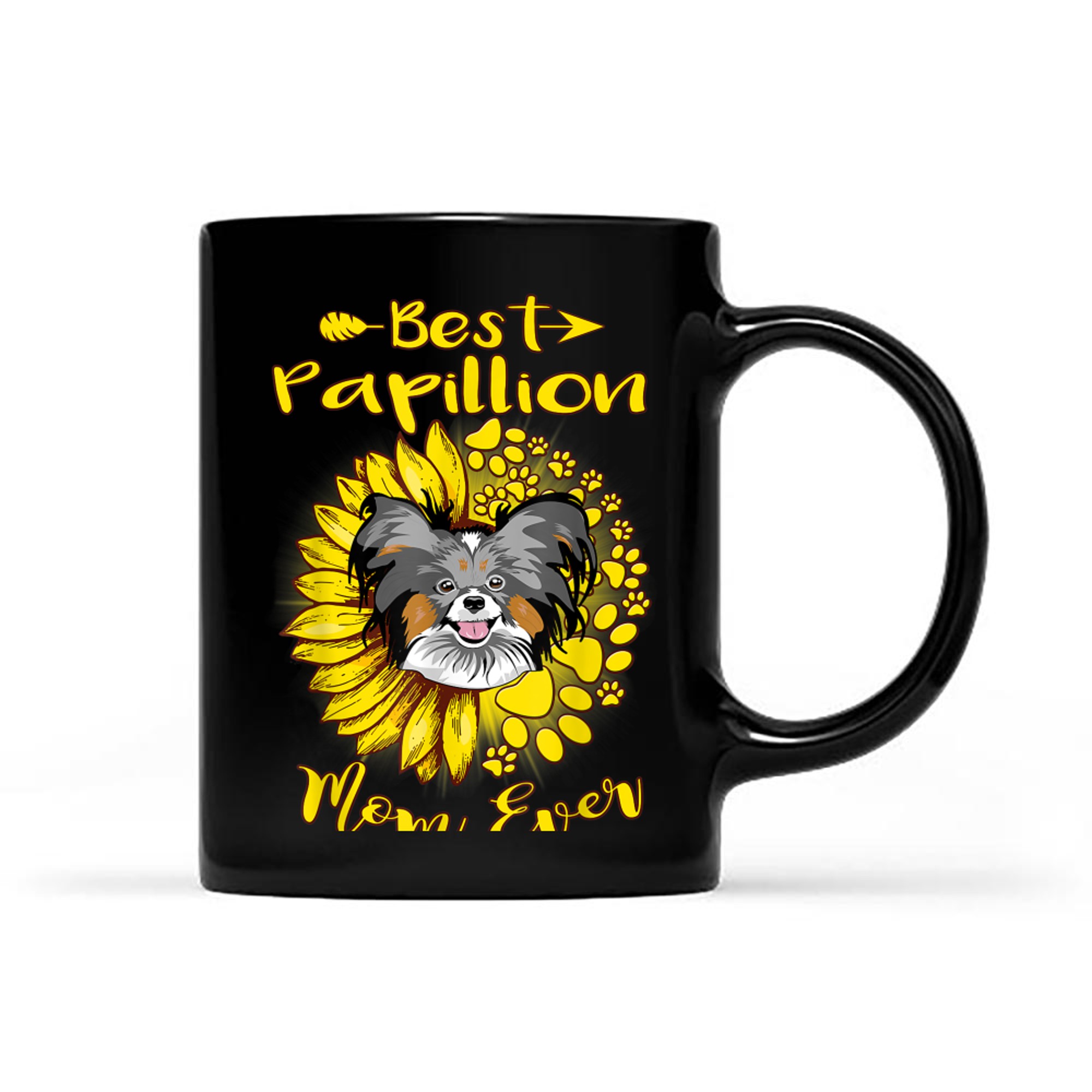 Best Papillion Dog Mom Ever Sunflower Funny Paw Dog Lover mug black
