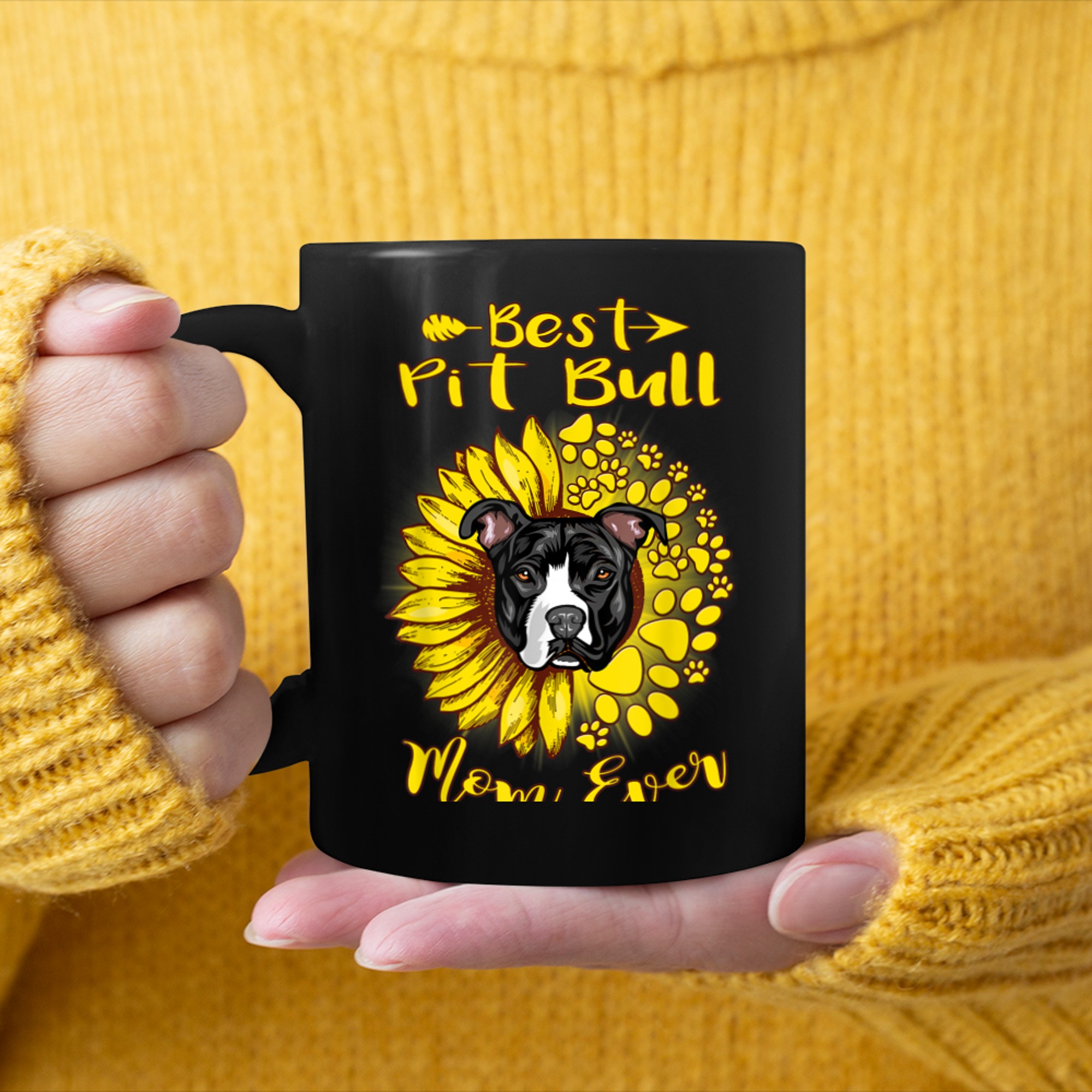 Best Pit Bull Dog Mom Ever Sunflower Funny Paw Dog Lover_1 mug black