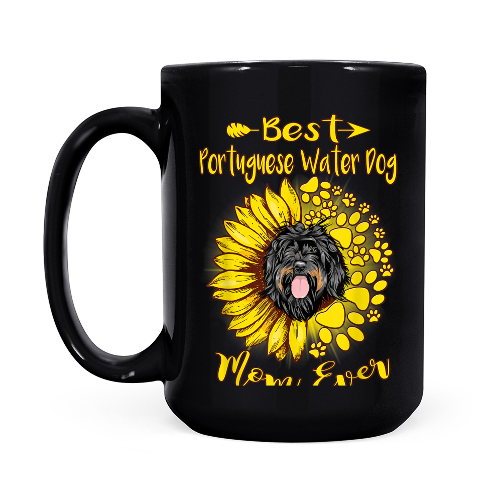 Best Portuguese Water Dog Mom Ever Sunflower Funny Paw Dogs mug black