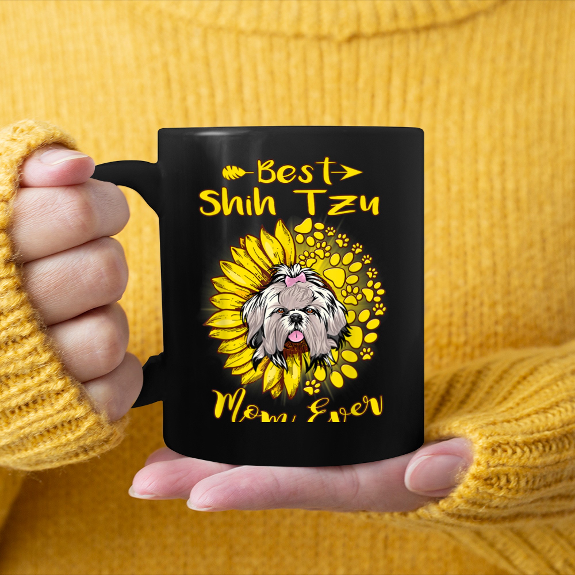 Best Shih Tzu Dog Mom Ever Sunflower Funny Paw Lover mug black