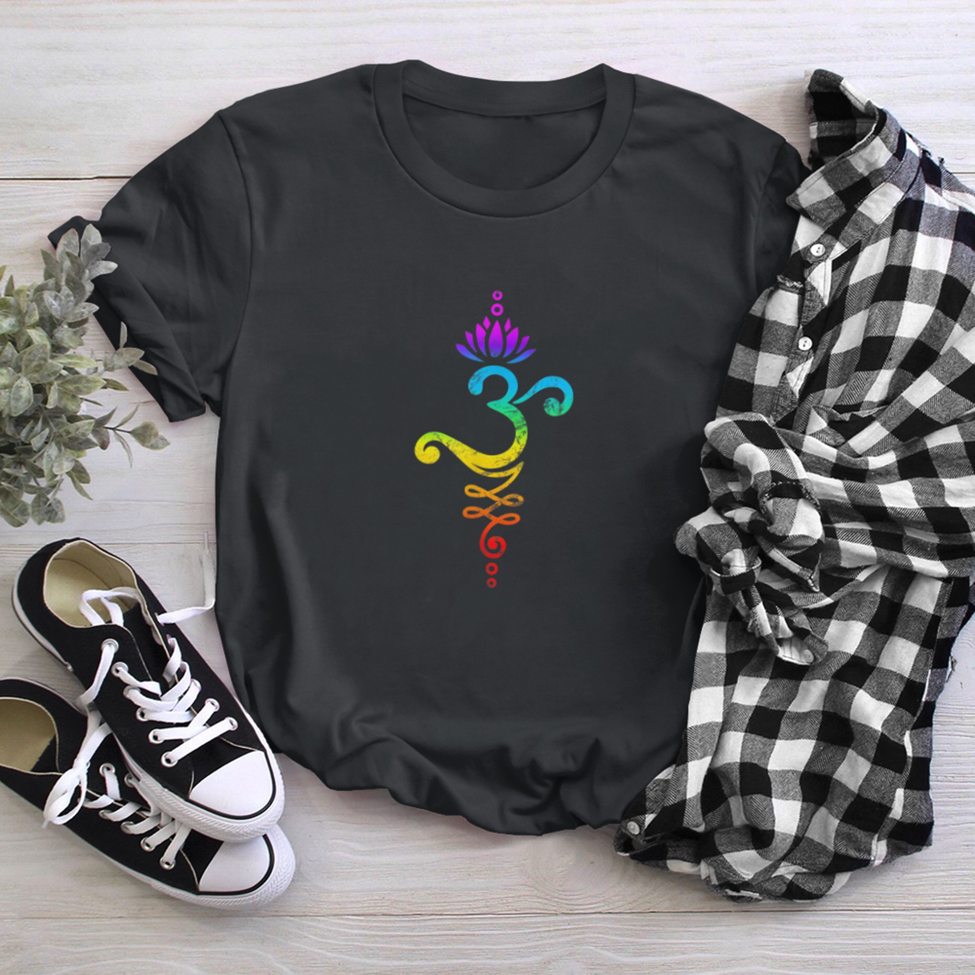 Om Mantra, yoga, symbol, lotus flower, rainbow, chakra (2) t-shirt black