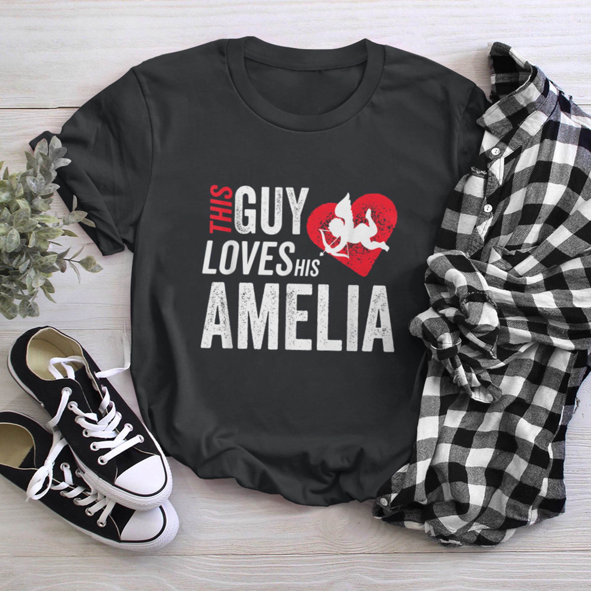 This guy loves his Amelia valentine Anniversary Cupid Heart t-shirt black