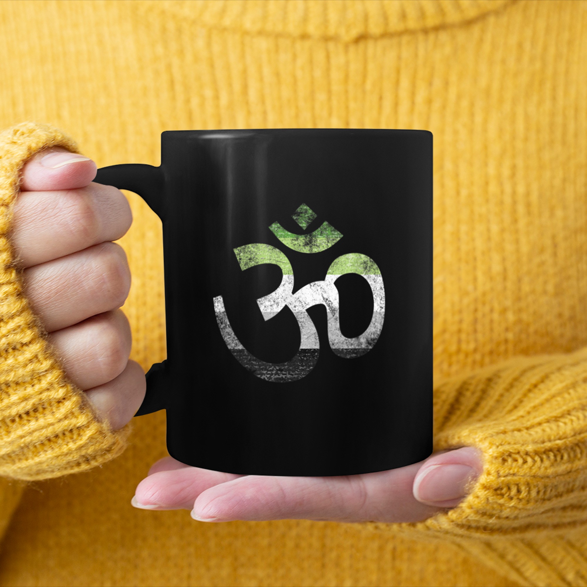 Aromantic Yoga Om LGBT pride Asexual Yoga Aum Ohm symbol mug black