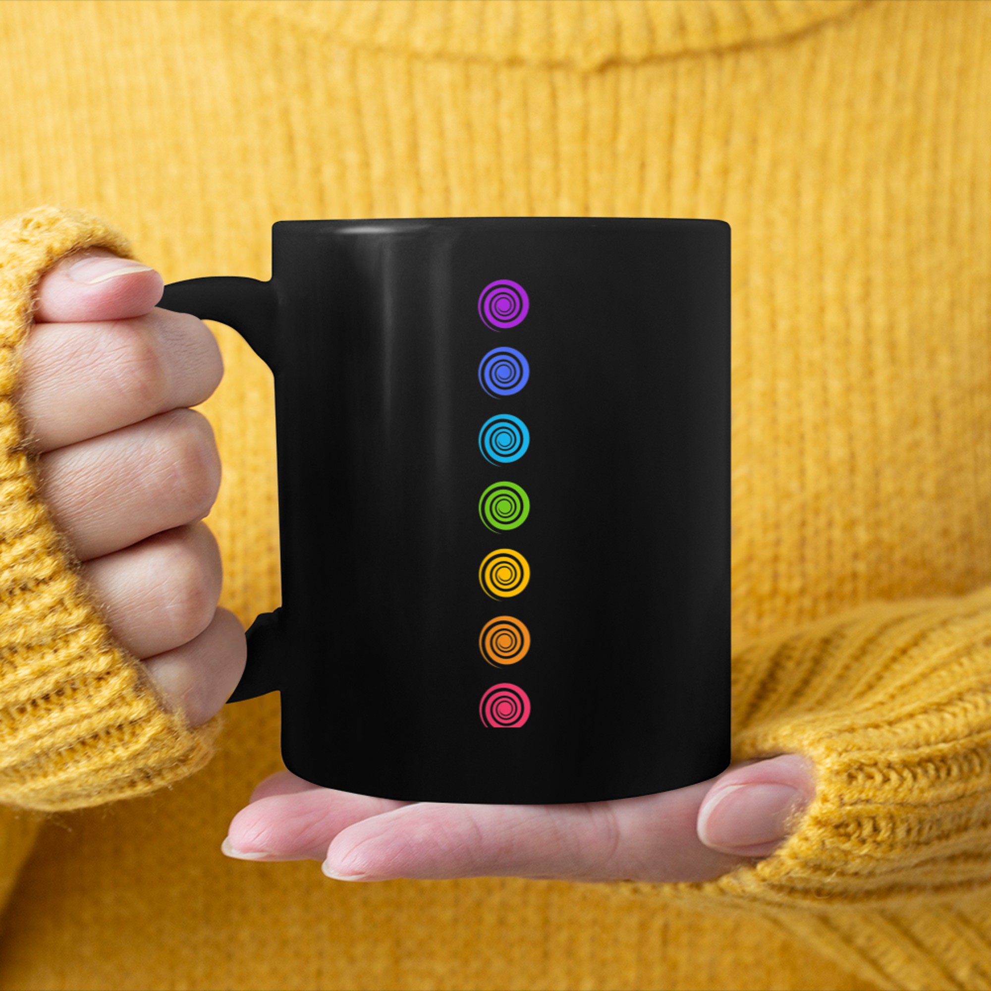 Chakra buddhism spiral rainbow yoga symbol spirituality om mug black