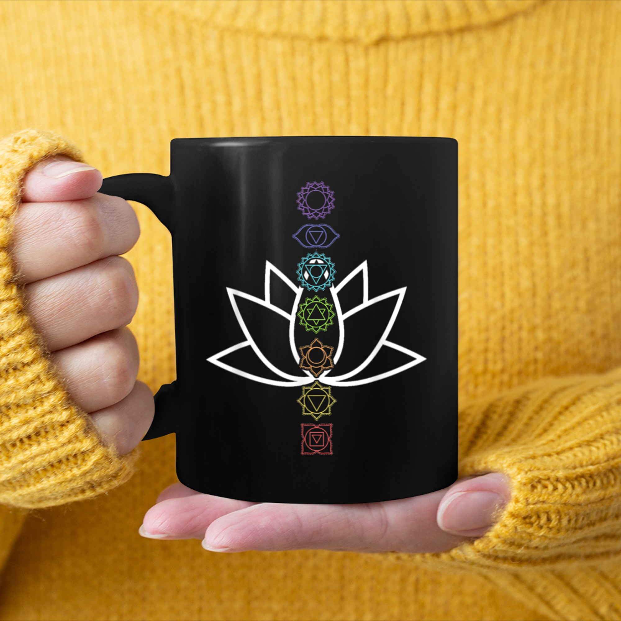 Chakra Chakras Aligned Lotus Mandala Yoga Om Symbol Buddhism (4) mug black