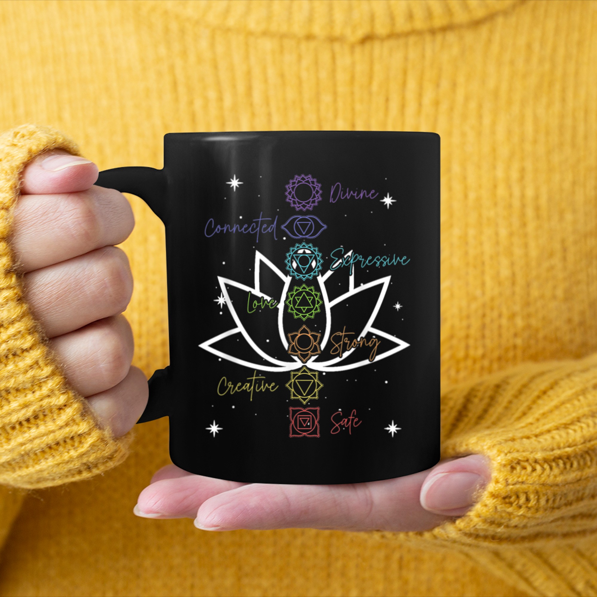 Chakra Chakras Aligned Lotus Mandala Yoga Om Symbol Buddhism (5) mug black