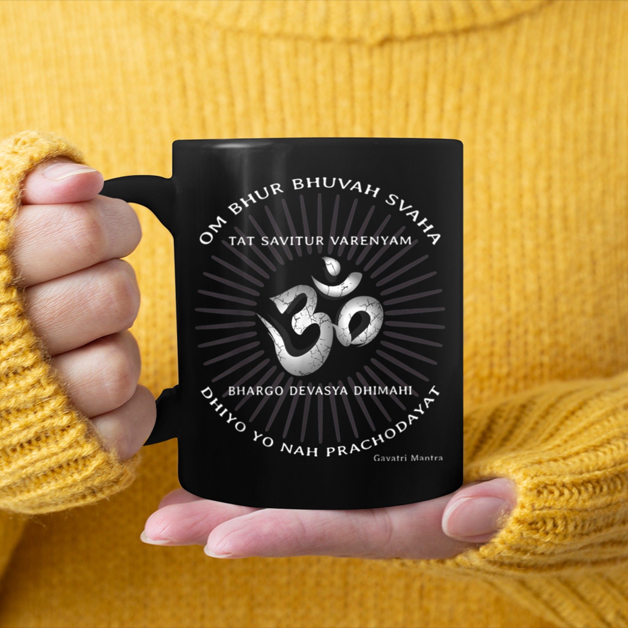 Gayatri Text OM Symbol Yoga Shirt Spiritual Gayatri Mantra mug black