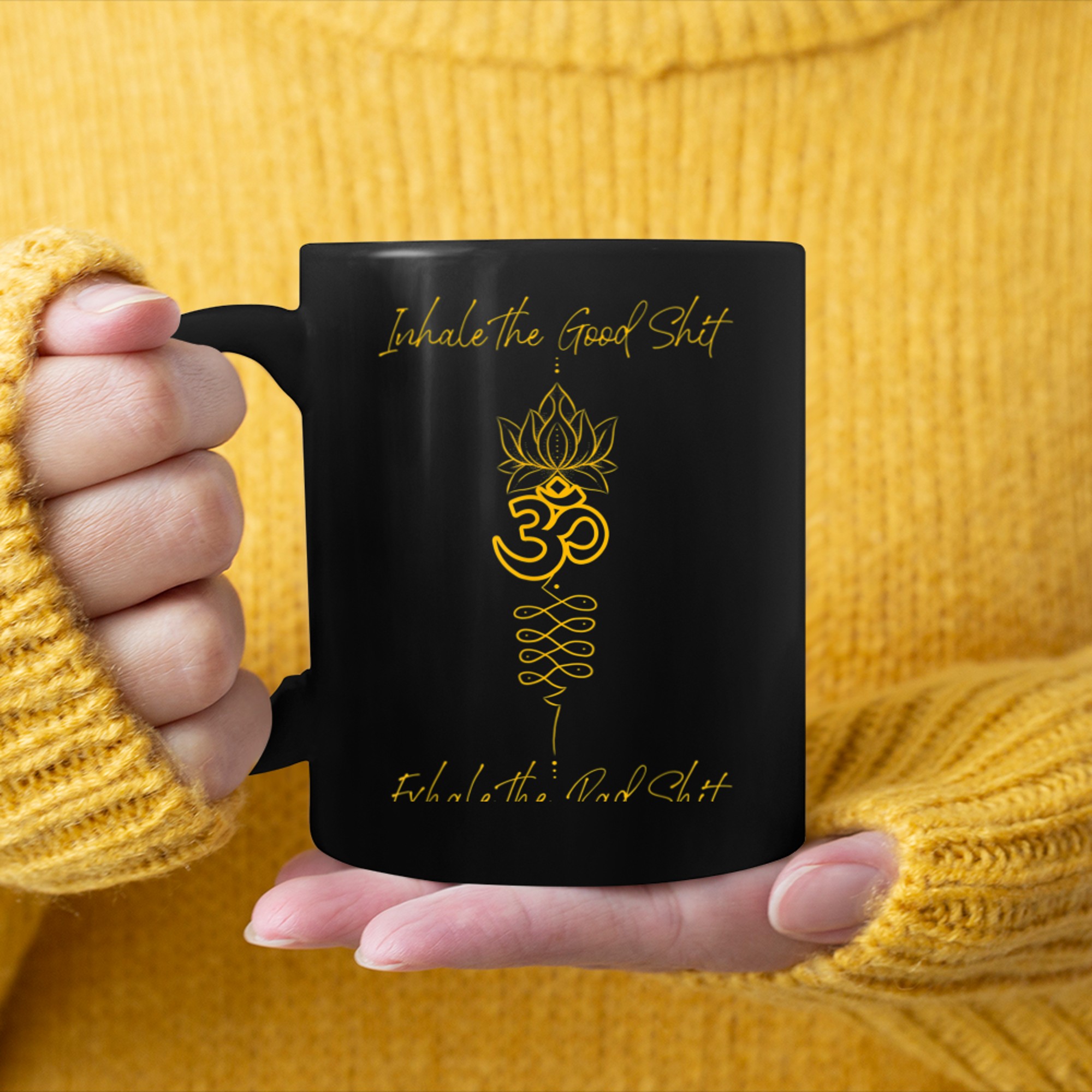 Inhale and Exhale Om Symbol Yoga Unalome mug black