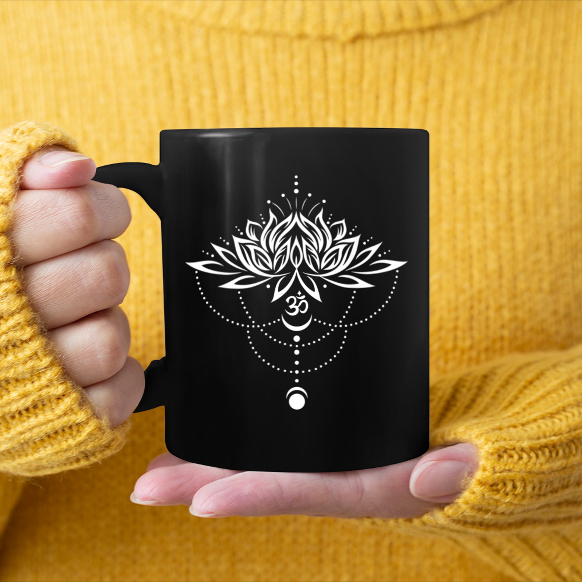 Lotus Flower with Moon and Om Symbol Yoga Meditation Shirt mug black