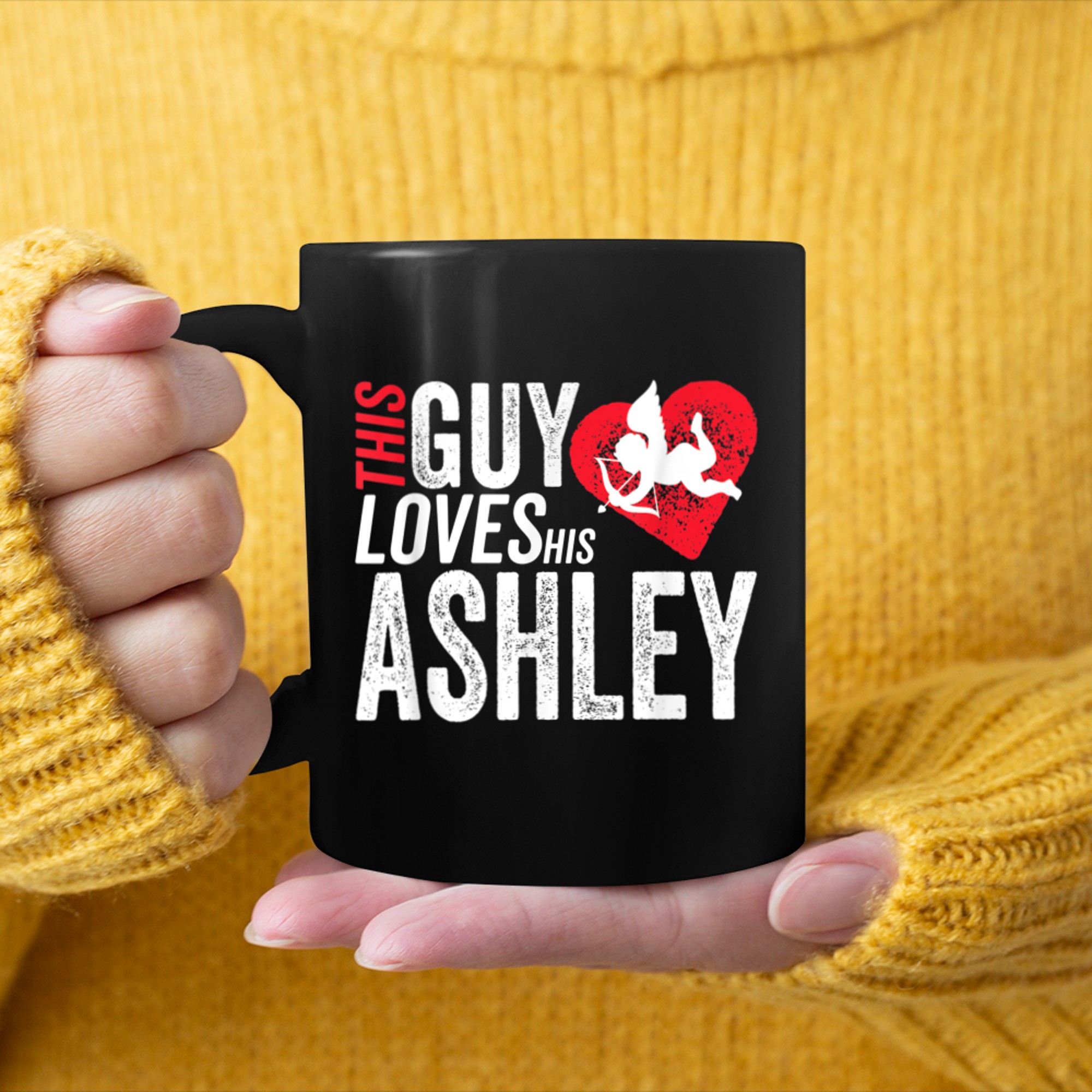 Mens This guy loves his ASHLEY valentine Anniversary Cupid Heart mug black