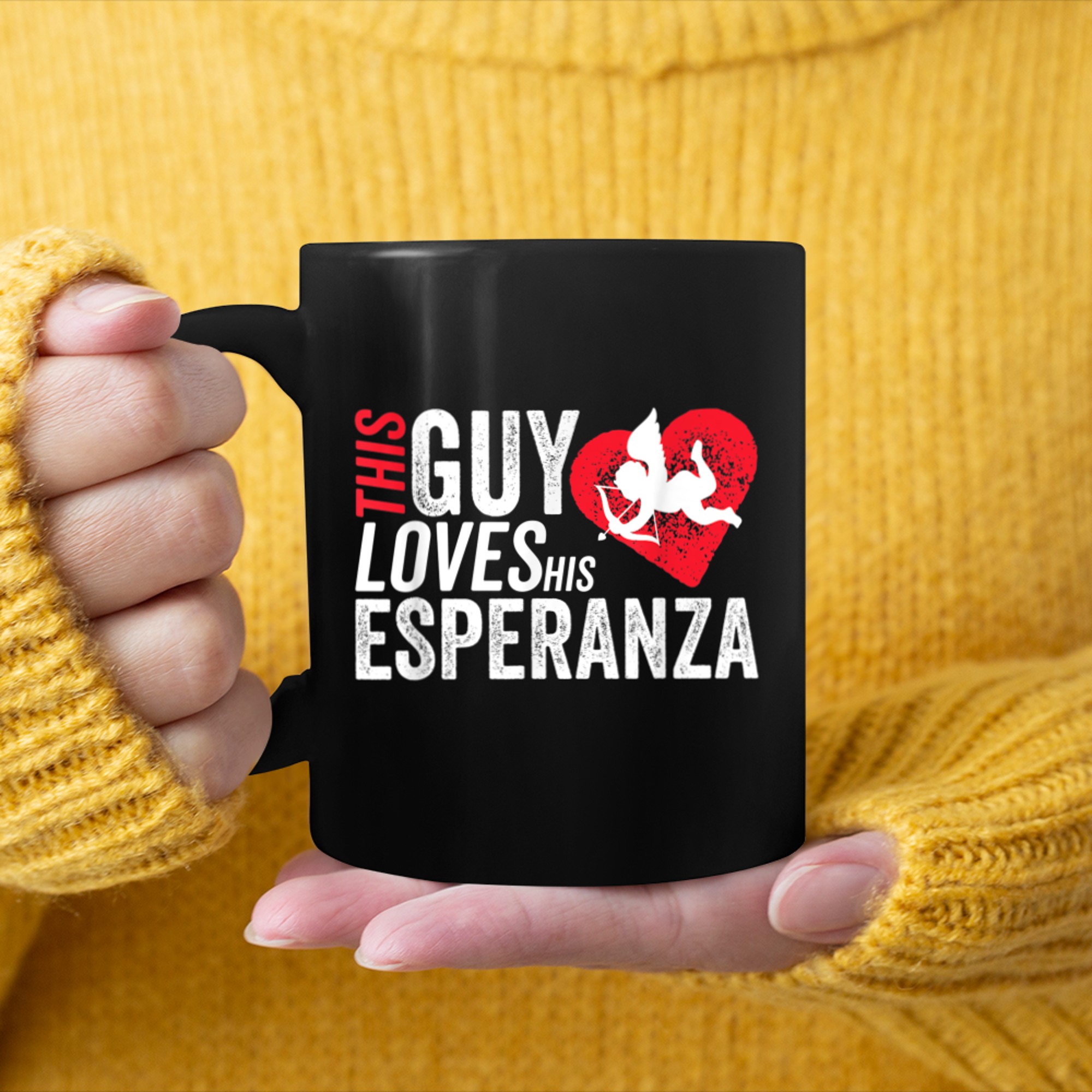 Mens This guy loves his ESPERANZA valentine Anniversary Cupid mug black