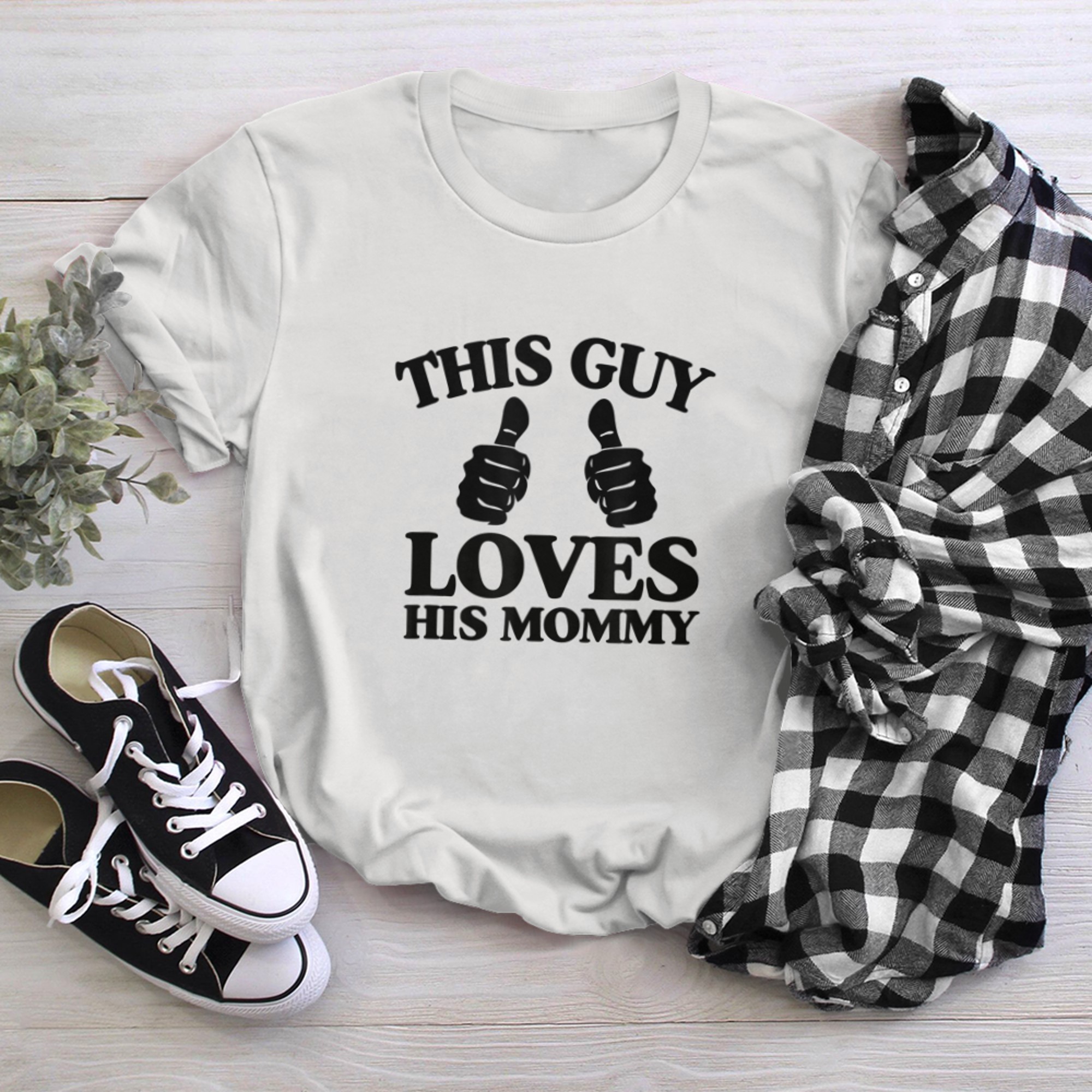 Mens This Guy Loves His Mommy Mothers Day From Son Two Thumbs t-shirt white