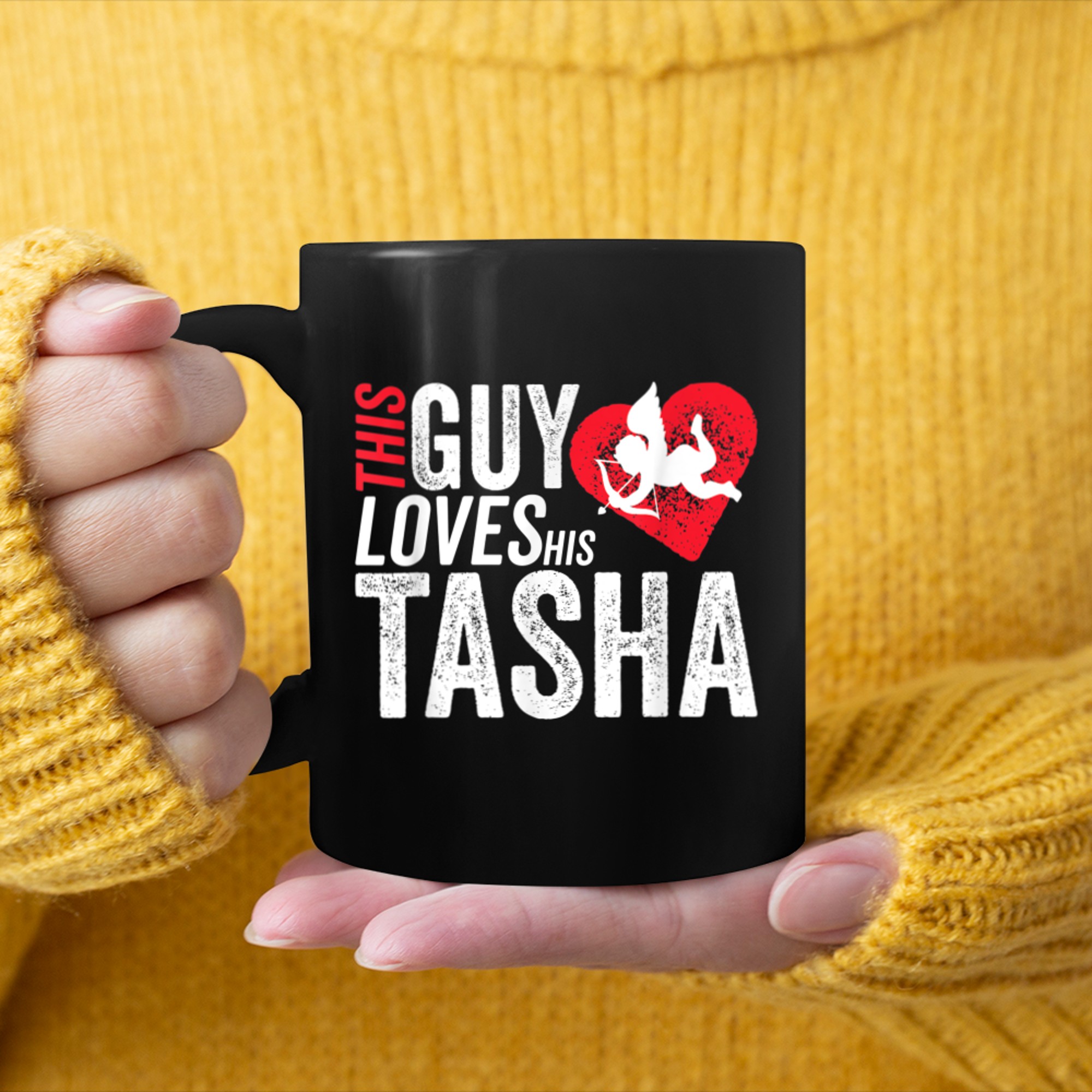 Mens This guy loves his TASHA valentine Anniversary Cupid Heart mug black