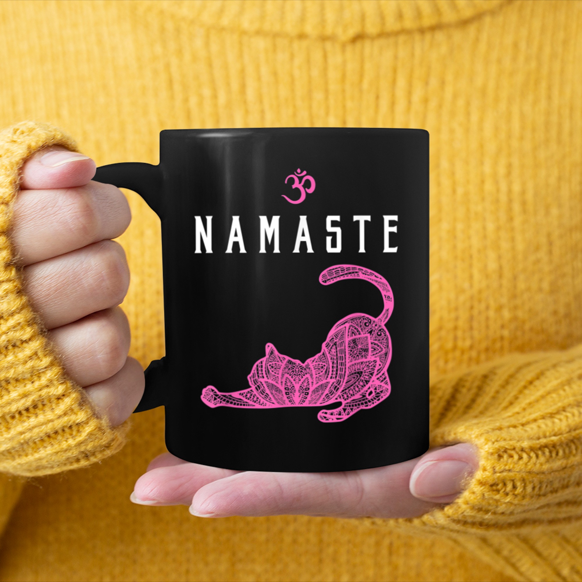 Namaste Cat Yoga Pose Om Symbol Funny Yoga Women (3) mug black