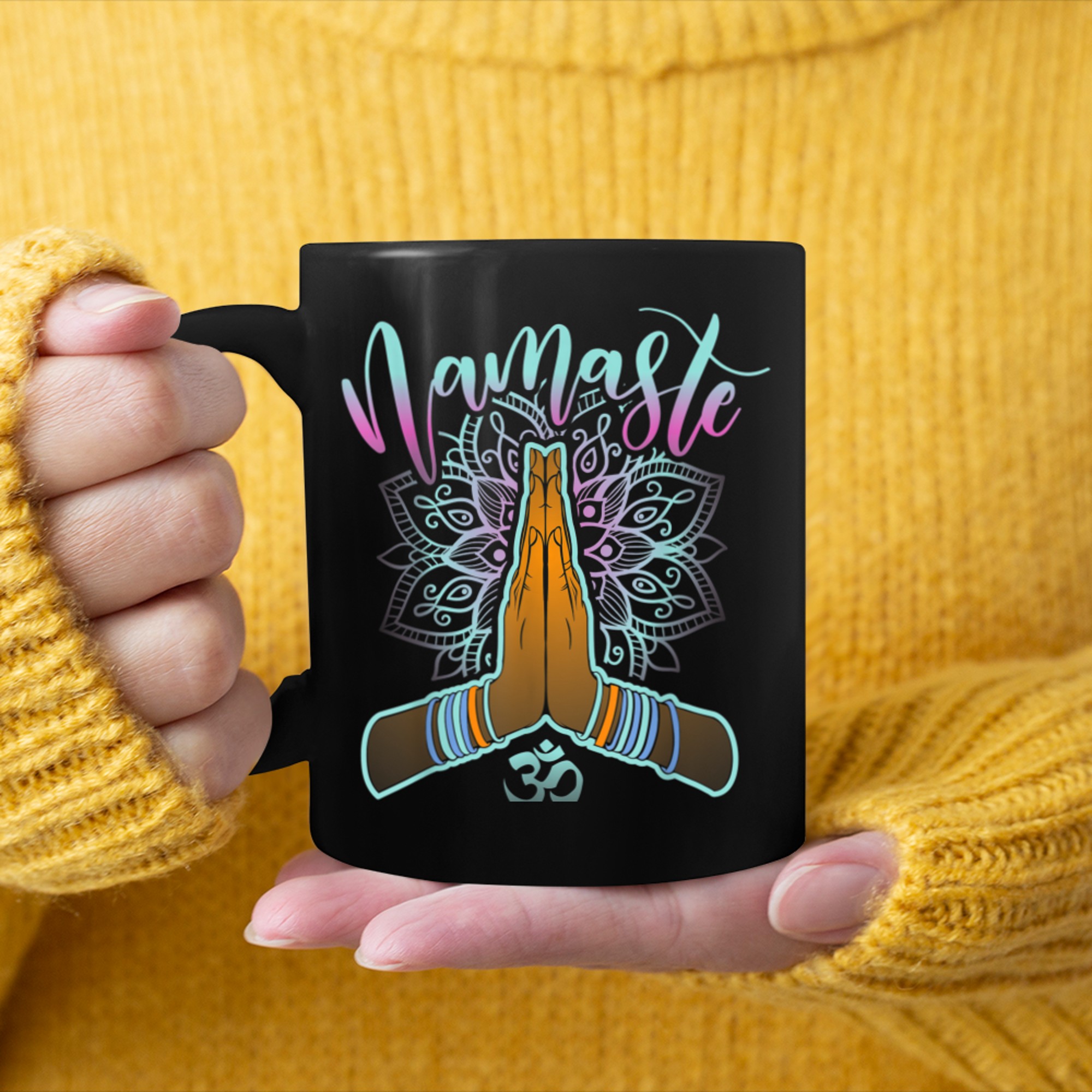 Namaste Om Symbol Mandala Yoga Lotus Blossom mug black