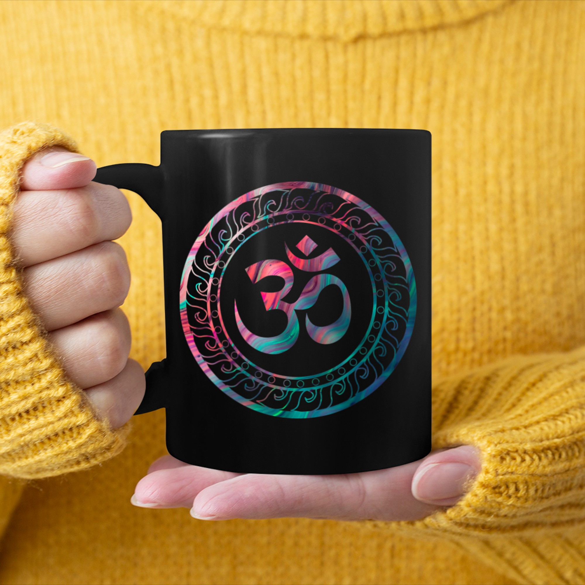 Om Ohm Aum Buddhism Symbol Yoga Sanskrit (1) mug black