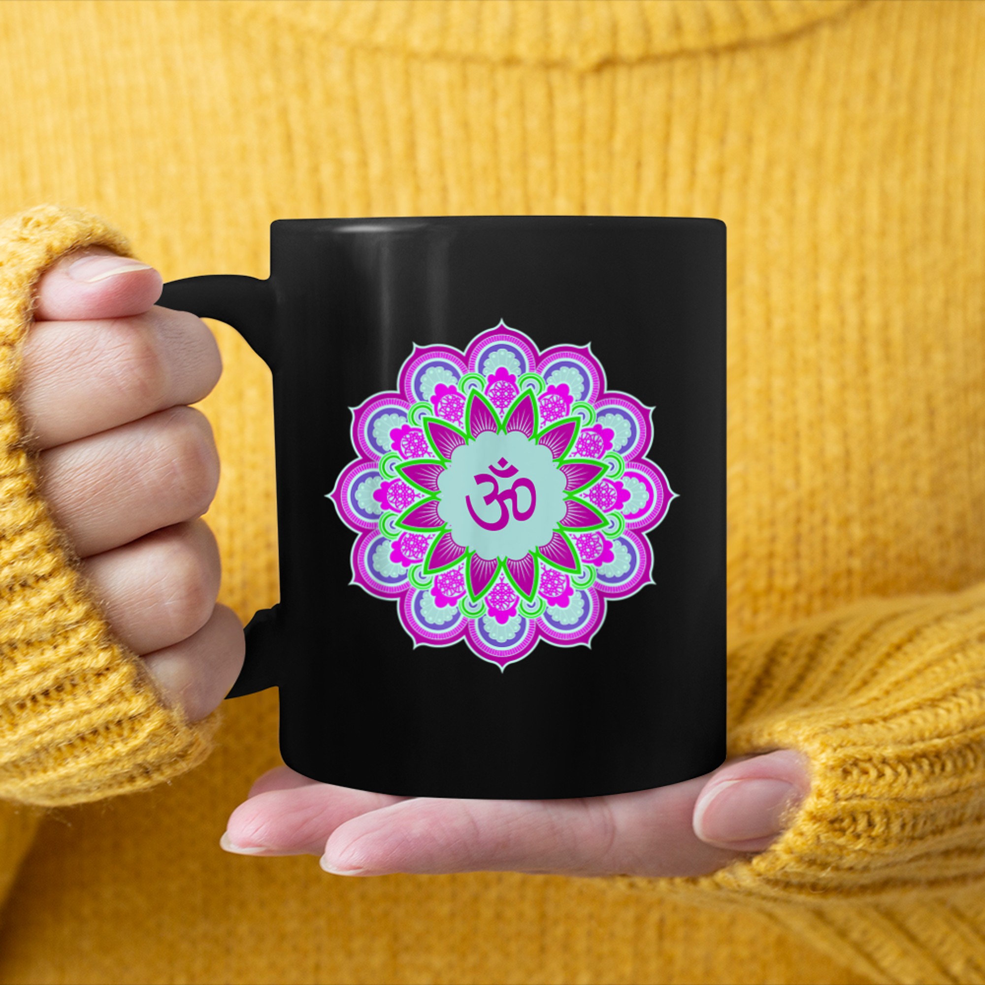 Om Ohm Aum Symbol Mandala Spiritual Yoga (24) mug black